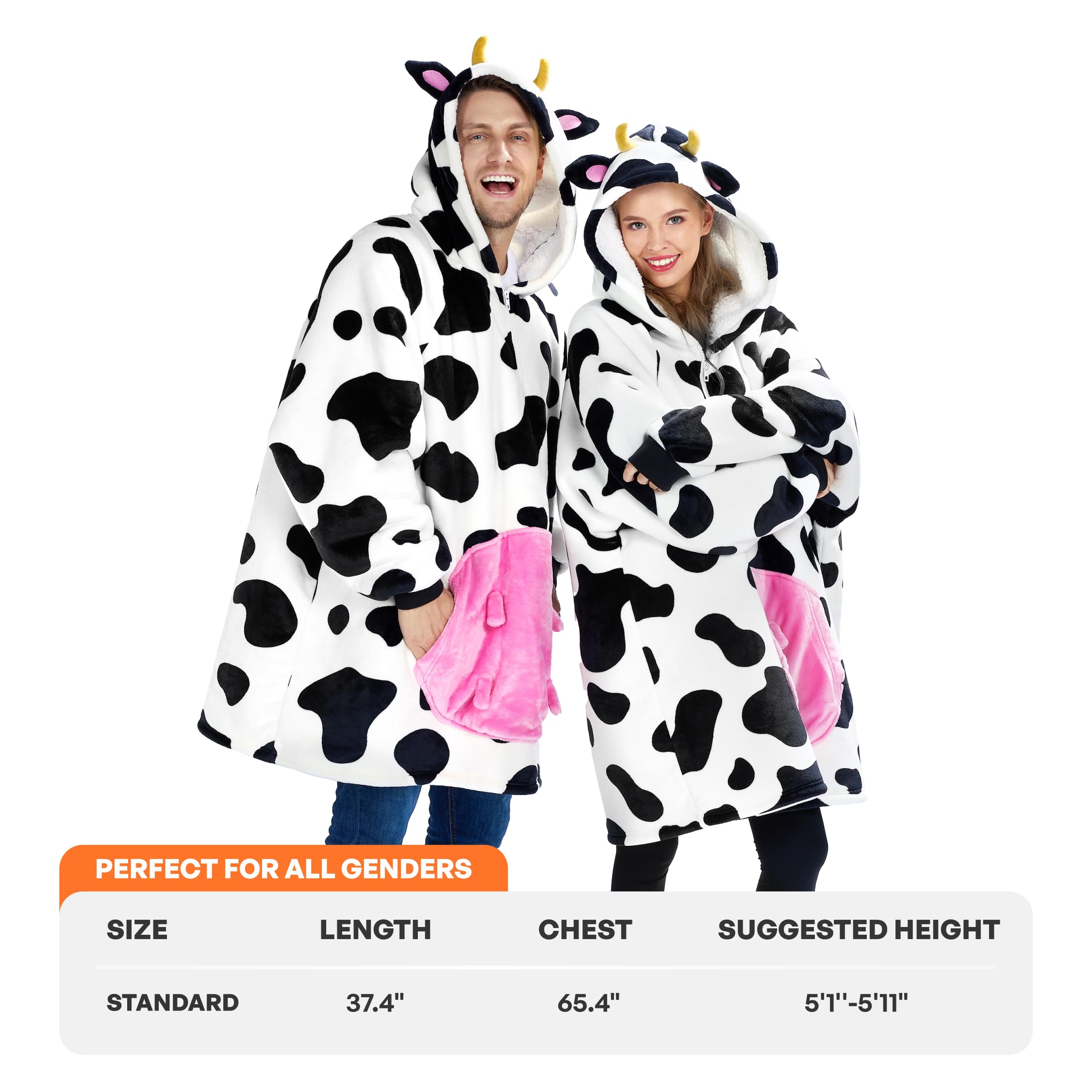 Giggling Getup Cow Wearable Blanket Hoodie - Oversized Soft Sherpa Fleece Hooded Blanket Sweatshirt for Adults - Warm Cozy Plush Flannel Blanket with Giant Pockets & Sleeves - Perfect for Lounge, Netflix Nights & Winter Comfort (Women & Men)