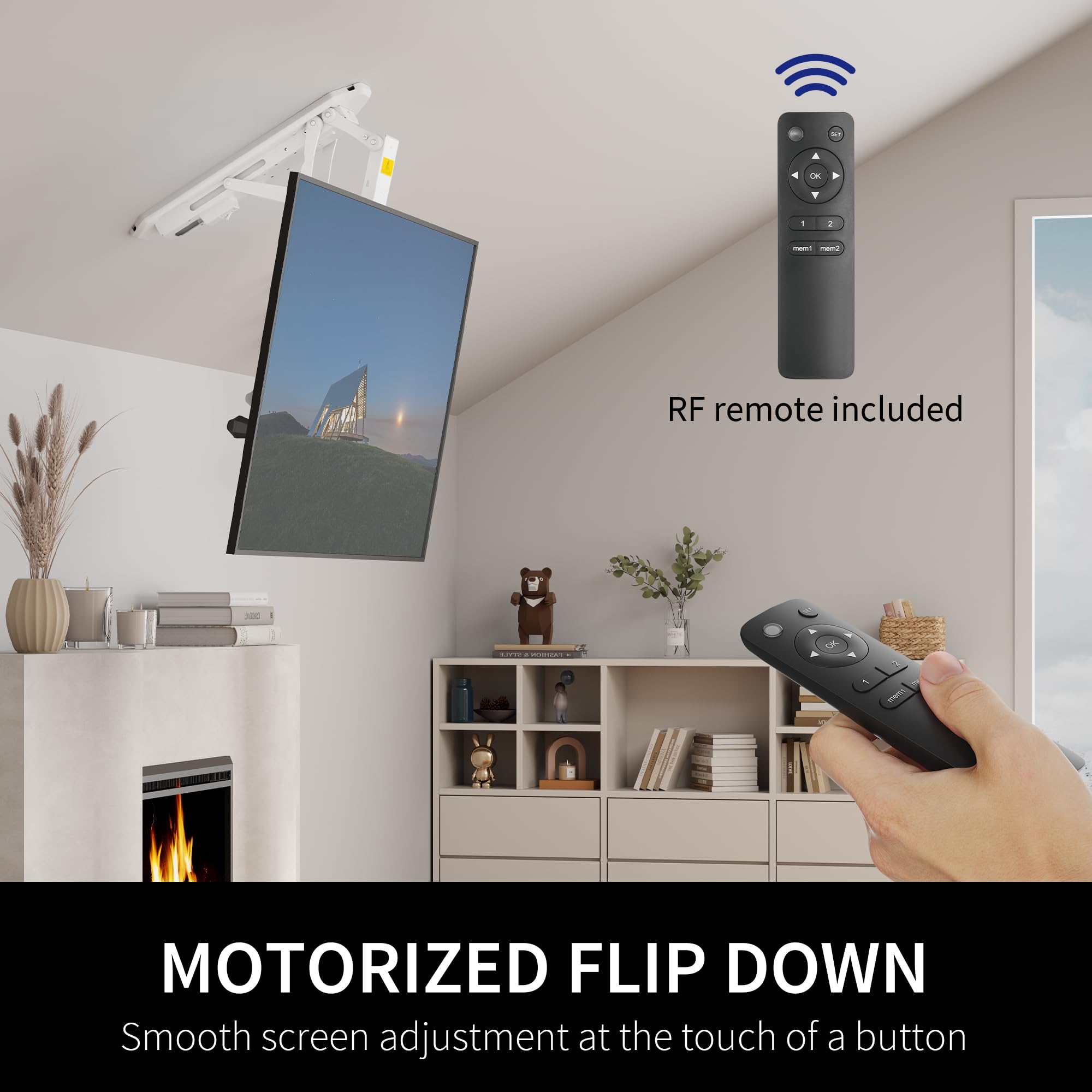 VIVO Electric Ceiling TV Mount for 32-70 Inch Screens, Motorized Flip Down Pitched Roof VESA Bracket, Heavy Duty Adjustable TV Bracket for Home Theater, Living Room, Bedroom, Basement - White (MOUNT-E-FD70W)