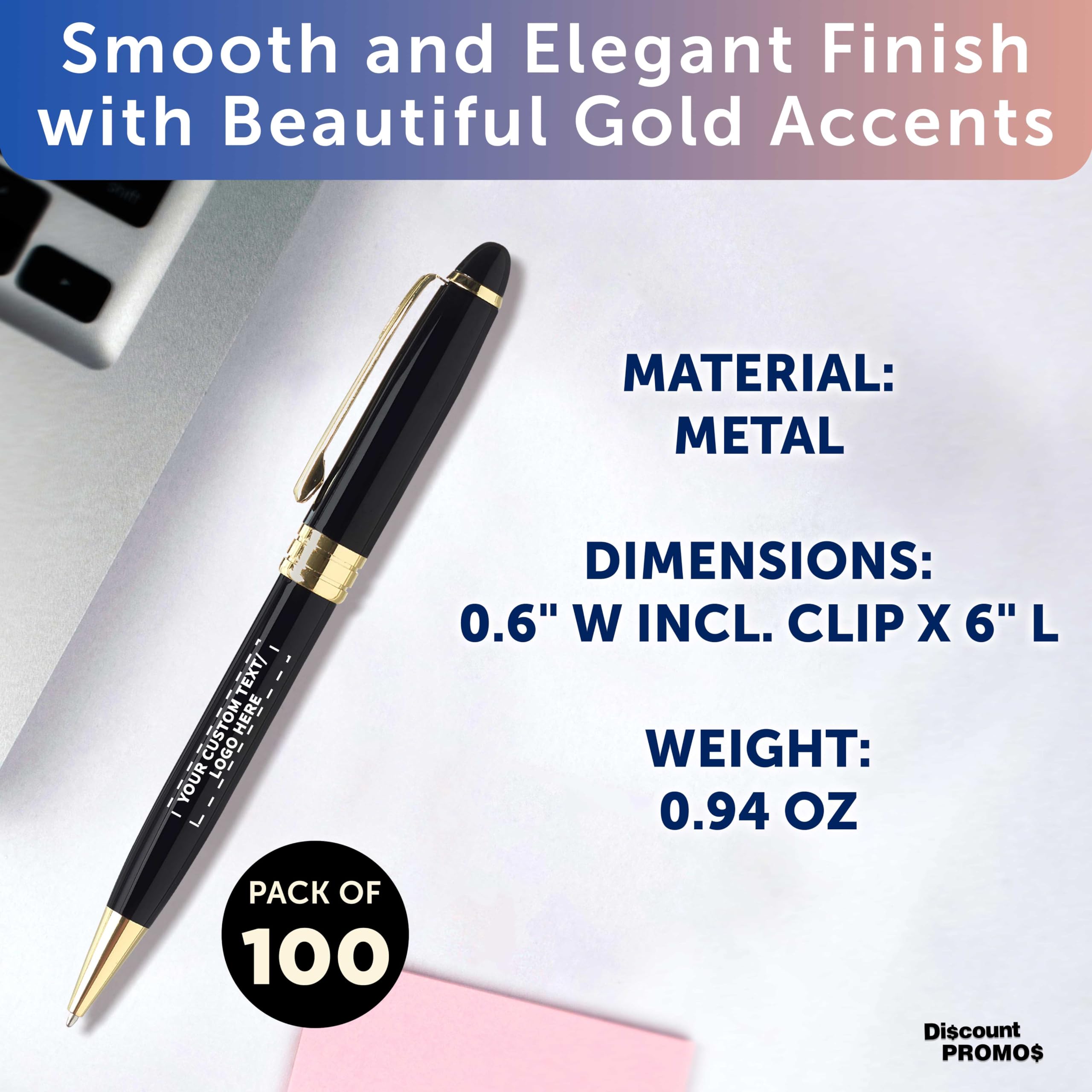 100 Premium Executive Pens Bulk Pack - Custom Text & Logo Engraving, Twist Mechanism, Gold Accent - Black Ink Ballpoint Pens for Office Gifts, Corporate Events & Business Promotions