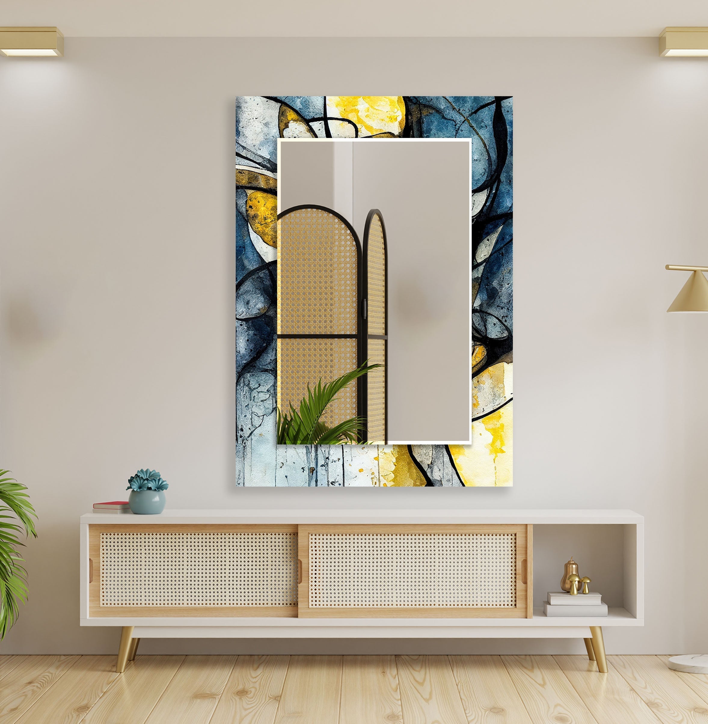 Abstract Wall Mirror in Blue and Yellow Ink - Modern Home Decor for Living Room, Bedroom, or Office