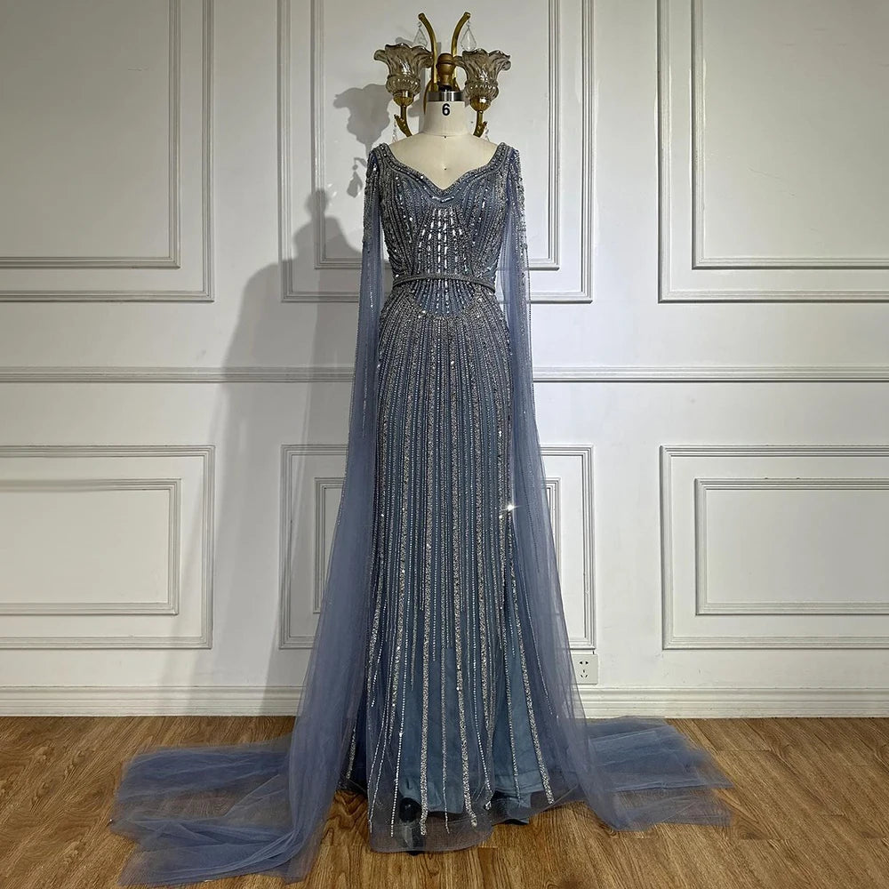Elegant Dubai Royal Blue Beaded Arabic Evening Gown with Cape Sleeves - Luxury Women's Party Dress for Special Occasions | Perfect for Weddings, Galas & Formal Events 2025 LA72502