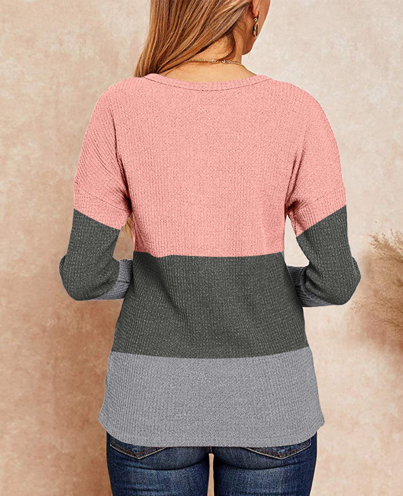 Glanzition Women's Fall Long Sleeve Waffle Knit Henley Sweater - Color Block Pullover for Autumn 2022 | Cozy Casual Wear for Work, Date Night & Weekend Outings