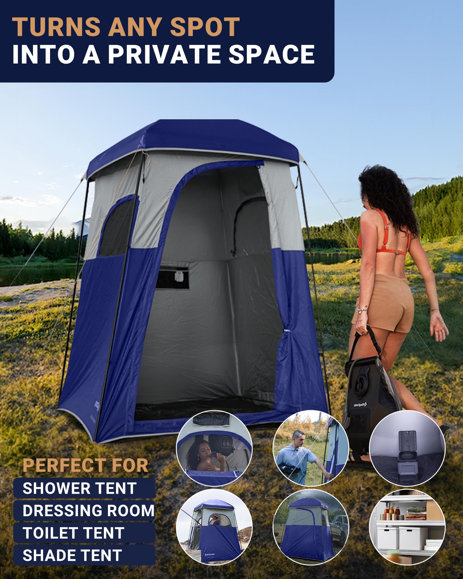 **KingCamp Luxury Camping Shower Tent with Shower Bag - 1 Room & 2 Room Privacy Shelter Toilet Tent for Outdoor Camping, Hiking & Travel**    *(Perfect for Camping Trips, Beach Outings, RV Adventures & Emergency Use)*