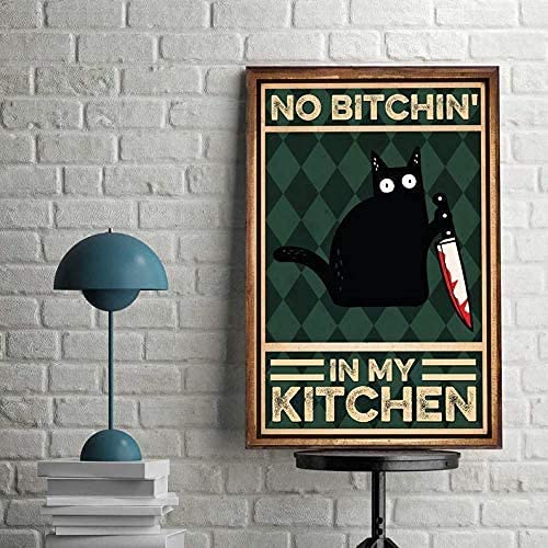 CCparton 8x12 Inch Personalized Funny Cat Metal Sign - Vintage Kitchen Decor with 'No Bitchin in My Kitchen' Quote - Perfect Gift for Cat Lovers & Unique Home Decor for Kitchen, Living Room, or Office