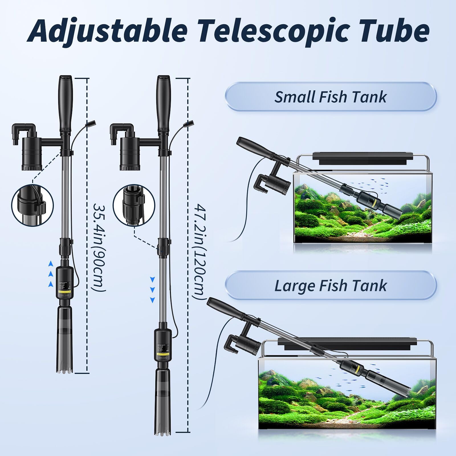 Electric Aquarium Gravel Cleaner - 530GPH/32W Powerful Fish Tank Vacuum Cleaner with Adjustable Water Flow for Sand Washing & Water Changing - Ideal for Turtle & Betta Fish Tanks - Perfect for Home Aquarium Maintenance and Pet Fish Care