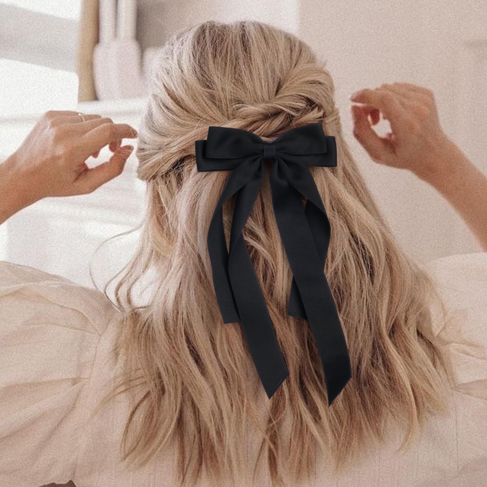 Elegant Black & Coffee Bow Hair Clips 2PCS Set for Women and Girls - Long Tail Ribbon Hair Bows with Alligator Clips | Perfect for School, Parties, Weddings and Everyday Hairstyles