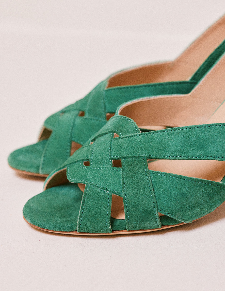 Clementine H Suede Green Heeled Sandals - Women's Fashion Shoes for Summer Outfits & Beach Vacations
