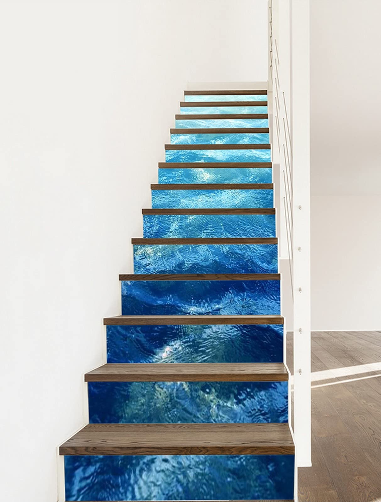 3D Self-Adhesive Removable Ocean Wave Stair Stickers - Blue Water Texture Vinyl Decals for Stair Risers, Kitchen Tiles & Walls (13-Piece Set) - Perfect for Home Decor, Beach Theme Rooms & DIY Interior Design