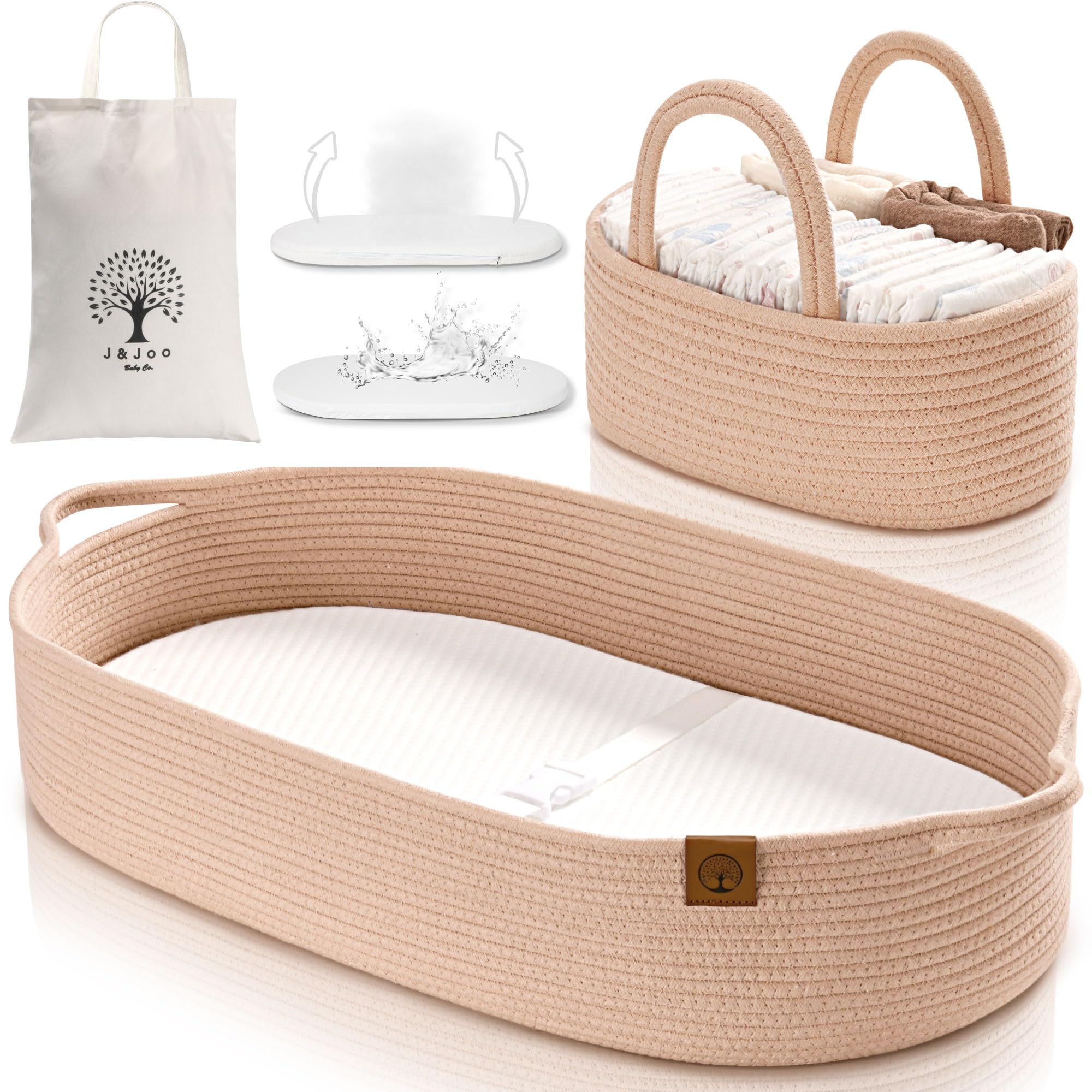 J&JOO Baby Changing Basket Set with Diaper Caddy - Breathable Waterproof Cover, Portable Foldable Changing Pad for Dresser - Perfect for Nursery, Travel & On-the-Go Diaper Changes