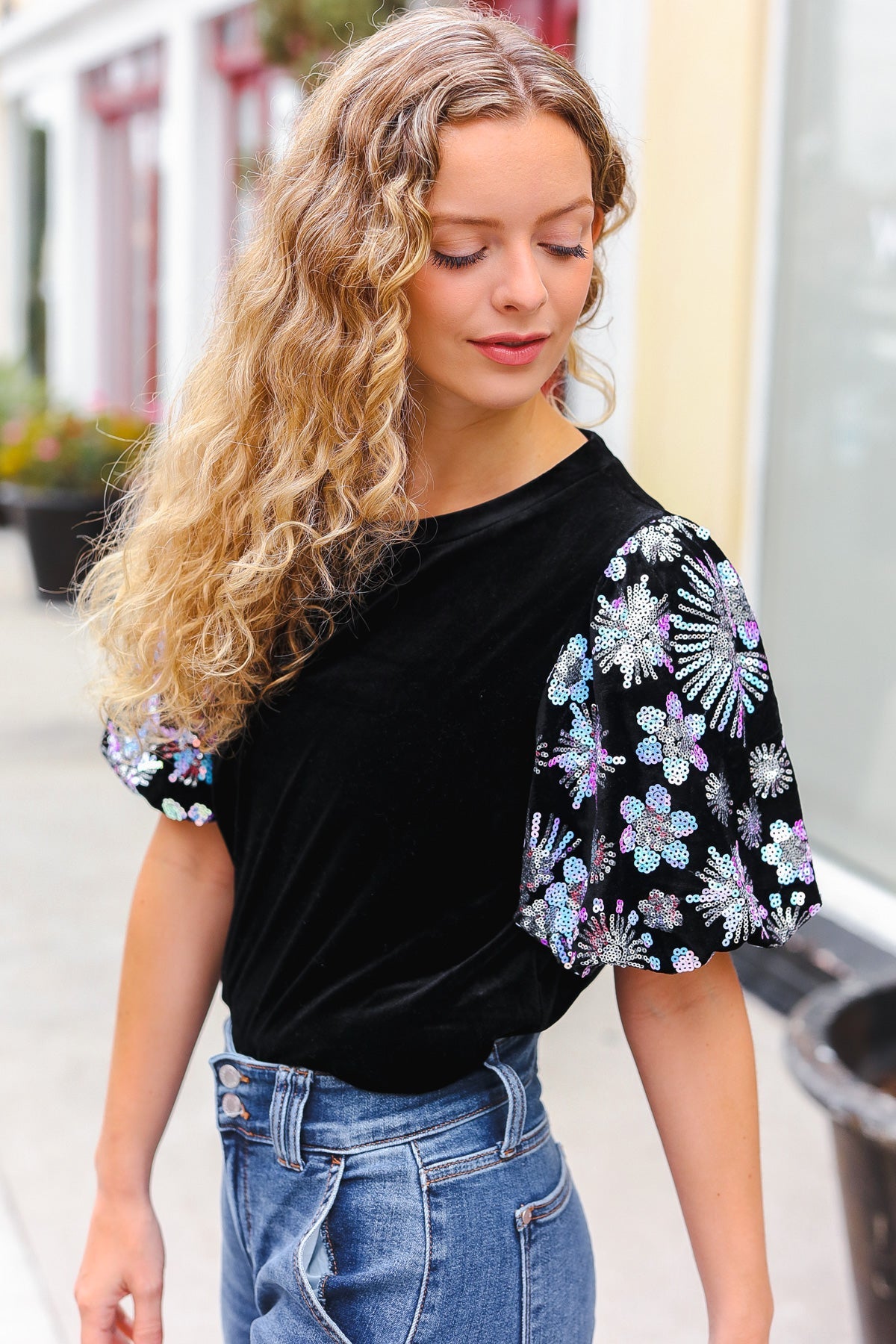 Glamorous Black Floral Sequin Puff Sleeve Velvet Top for Women | Elegant Party Blouse | Perfect for Evening Events, Date Nights & Special Occasions