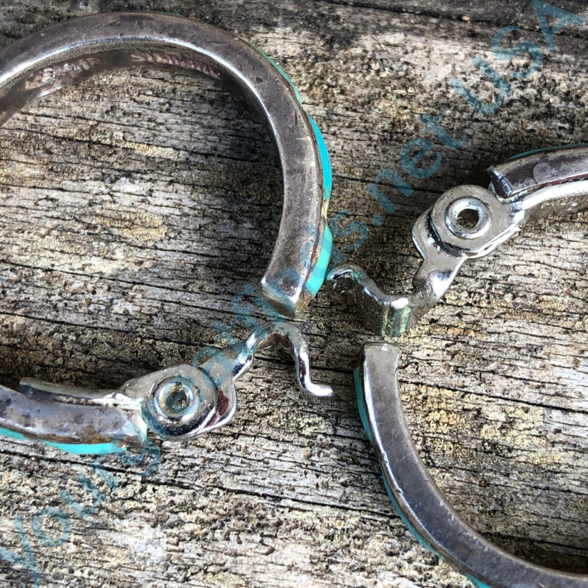 Vintage Hopi Sterling Silver & Turquoise Inlay Clip-On Hoop Earrings – Handmade Native American Jewelry for Women – Perfect for Casual Wear, Festivals, and Special Occasions