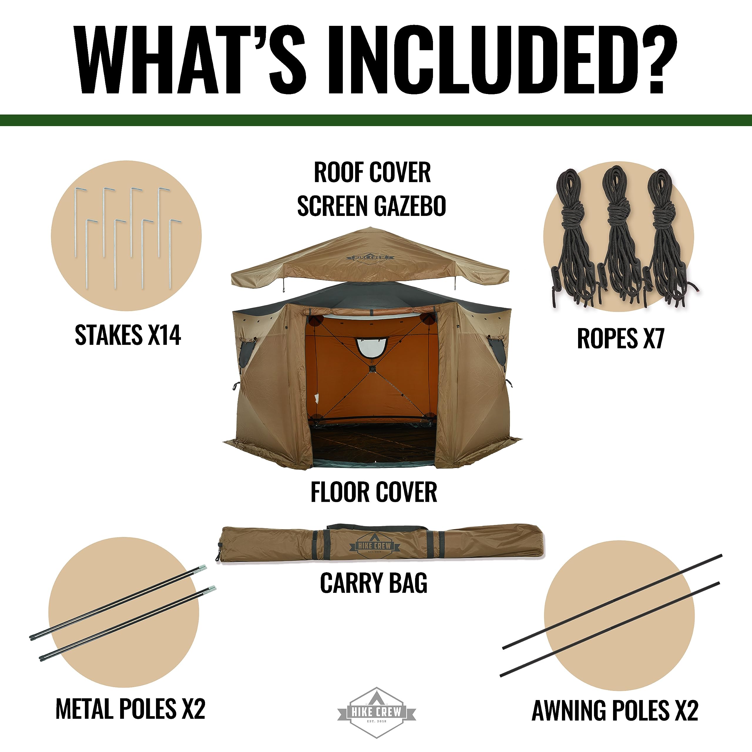 Hike Crew 13’ x 13’ Waterproof Pop-Up Gazebo Tent with Built-in Floor | 6-Sided Outdoor Canopy Shelter, Screened Roof & Cover, UV Resistant SPF 50+ | Perfect for Camping, Backyard Parties, Beach Outings & Outdoor Events