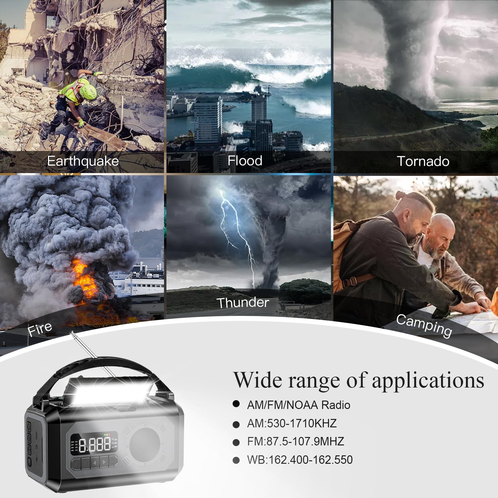 12000mAh Solar Powered Emergency Weather Radio with NOAA Alerts - AM/FM/NOAA Weather Band, SOS Alarm, Flashlight, Phone Charger & Compass - Perfect for Outdoor Camping, Hiking and Emergency Preparedness