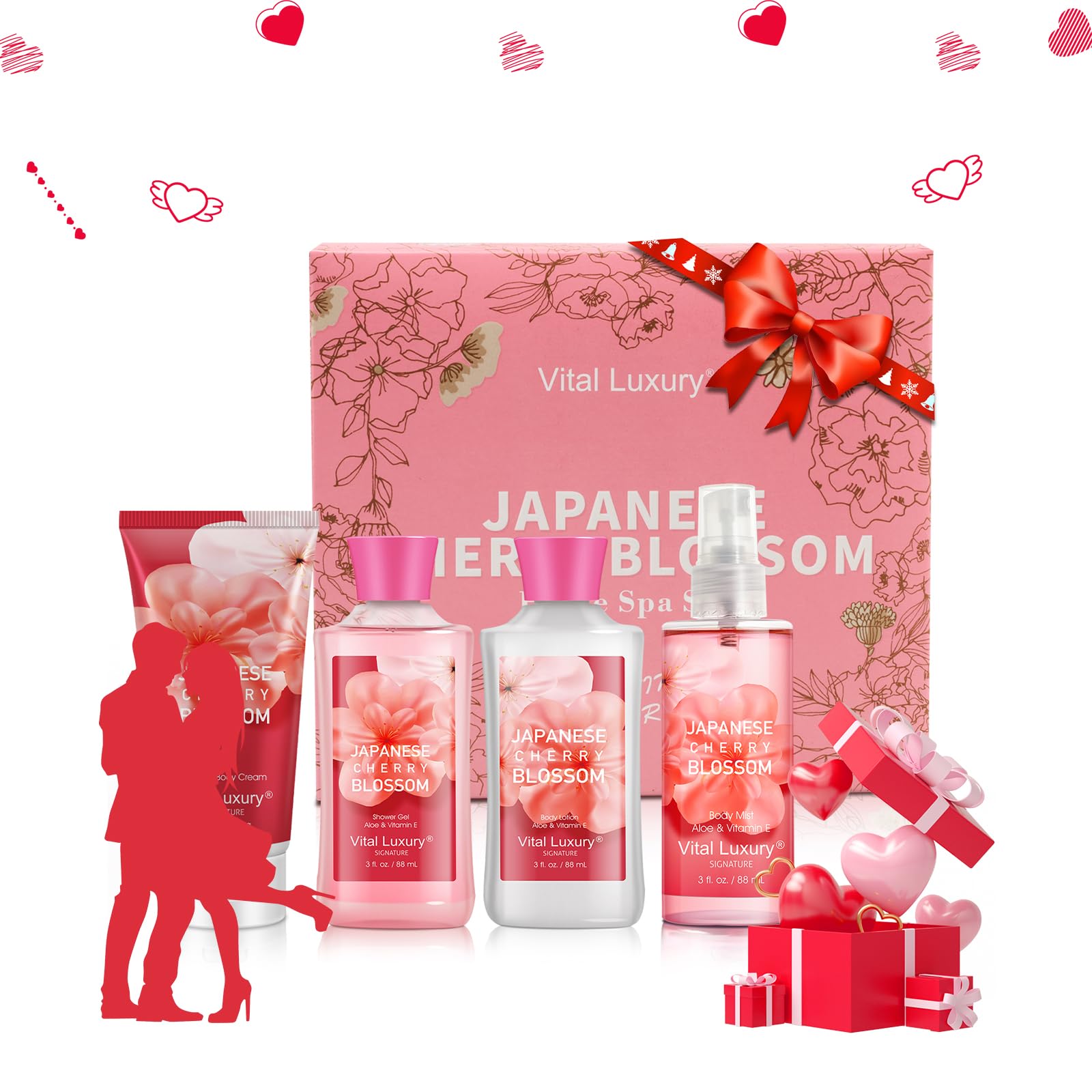 Premium Travel Size Bath & Body Gift Set - 3 Fl Oz Japanese Cherry Blossom Skincare Kit with Body Lotion, Shower Gel, Cream & Fragrance Mist | Relaxing Spa Essentials for Women & Men | Perfect for Home Spa Days, Romantic Gifts & Vacation Toiletries