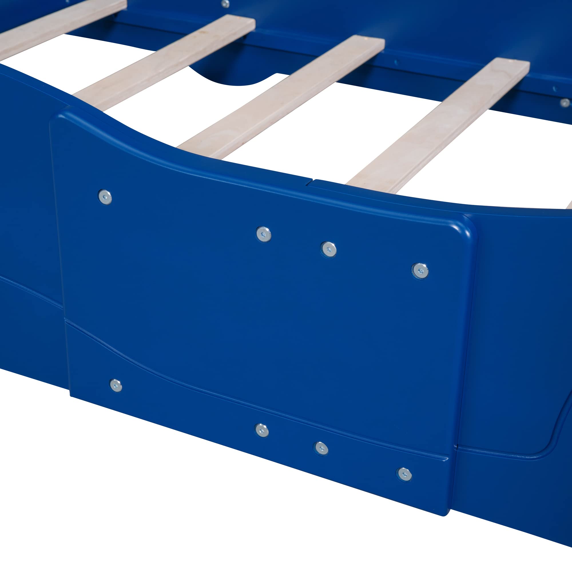 Race Car Twin Bed for Boys - Blue Wooden Car-Shaped Bed Frame with Wheels & Slat Support - Perfect for Kids' Bedroom, Playroom & Themed Decor (Twin Size)