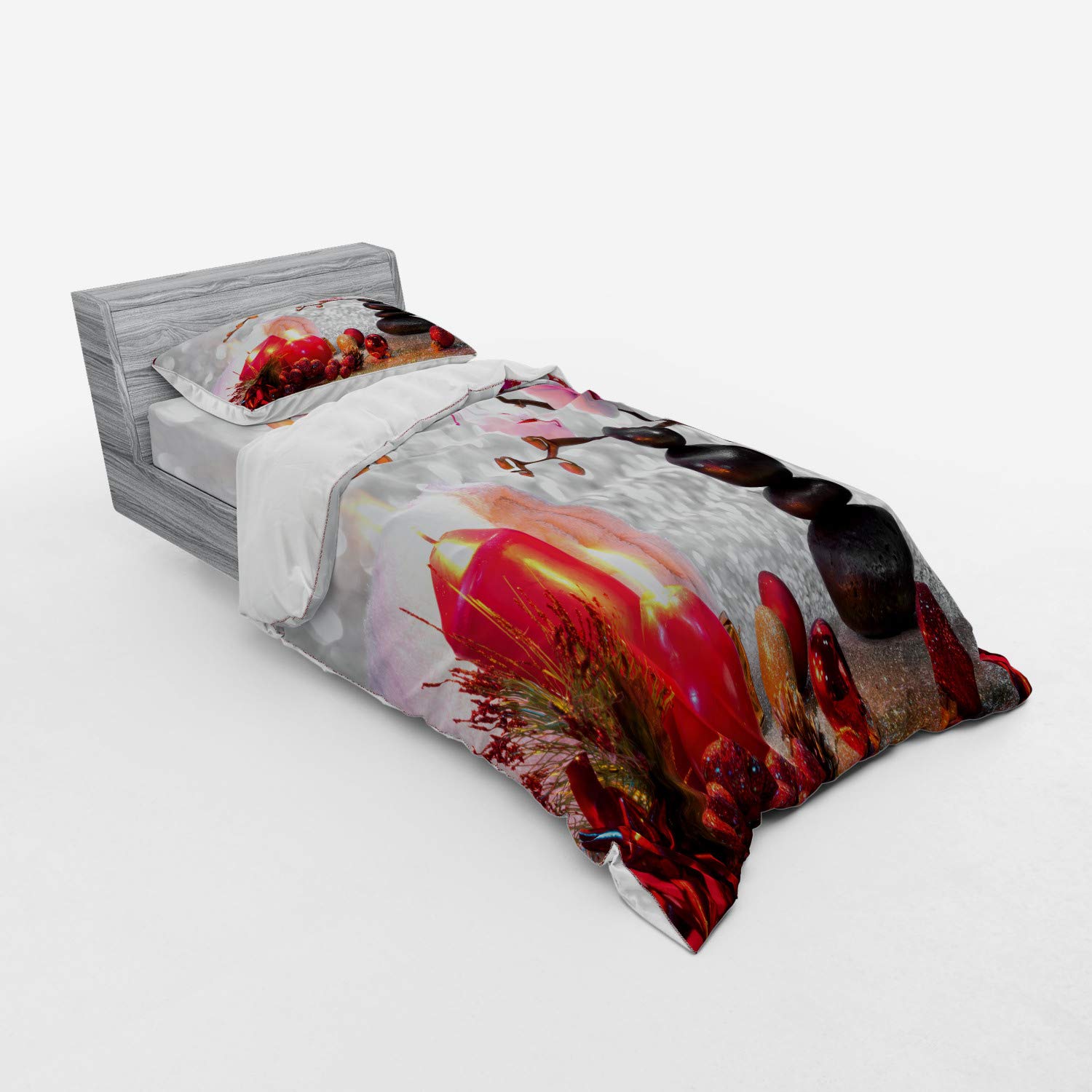 Ambesonne Winter Christmas Duvet Cover Set - Pink Orchid Stone & Red Candles Design, 3-Piece Twin XL Bedding Set with Sham & Fitted Sheet (Red/Pink/Black/White) | Cozy Holiday Bedroom Decor for Christmas Season