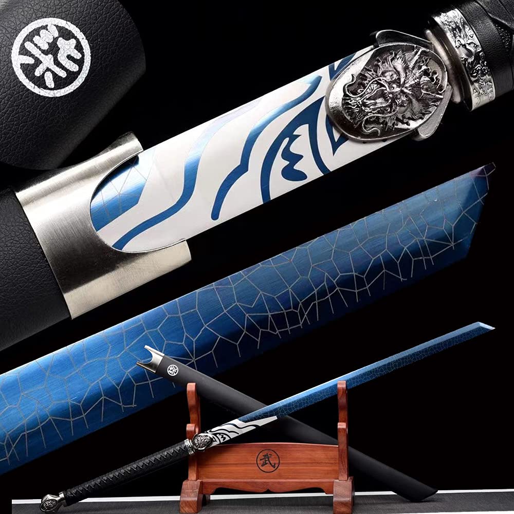 Assassin Five Six Seven Anime Replica Cosplay Katana - Shadow 柒 Japanese Samurai Sword with Blue Blade | Handmade 9260 Spring Steel | Perfect for Cosplay, Collecting & Martial Arts Training
