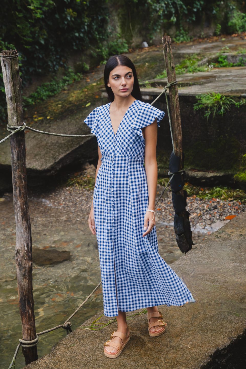 Flawless Navy Gingham Cotton Fluted Sleeve Button Front Midi Dress for Women | Summer Casual & Office Wear | Perfect for Brunch, Work, and Special Occasions