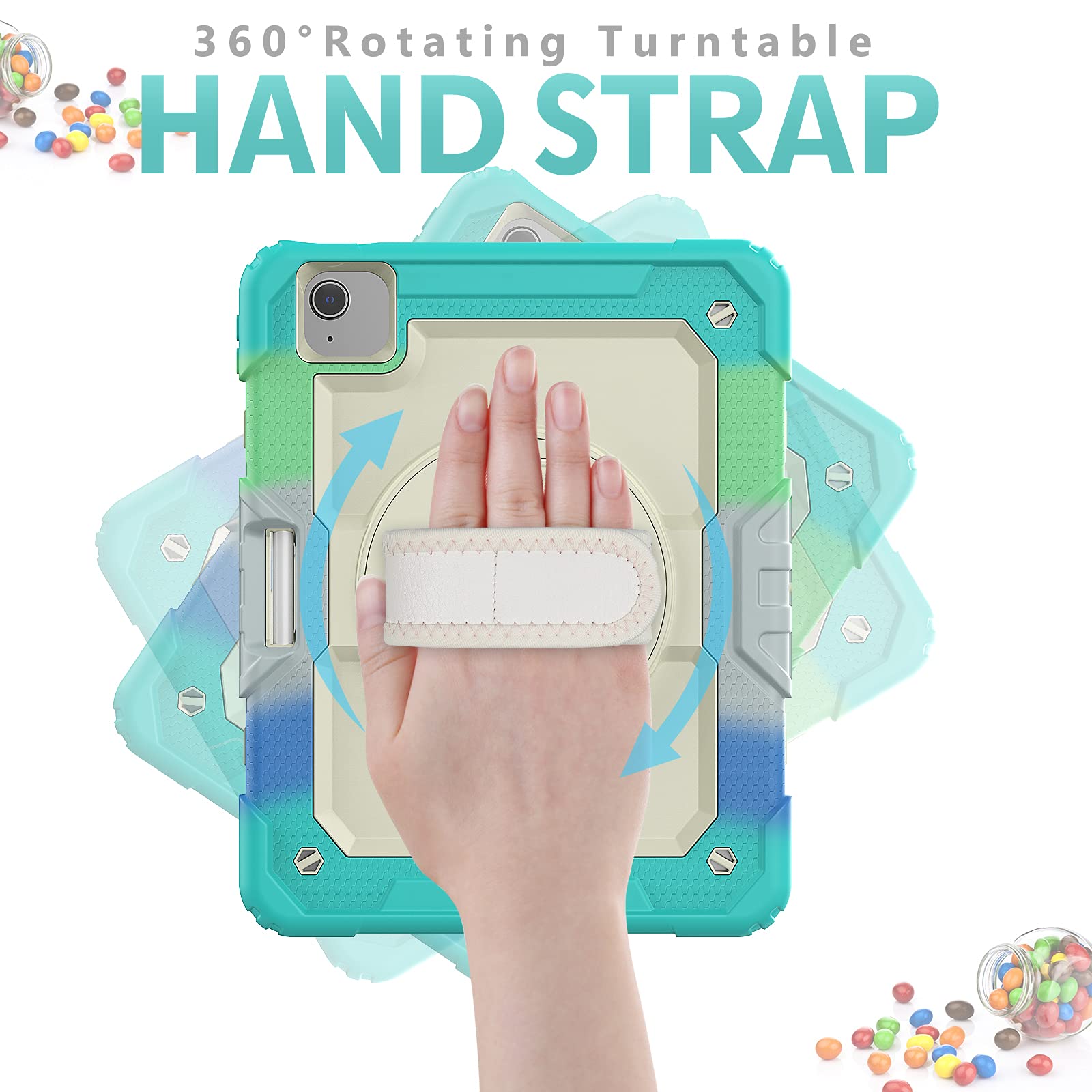 Dteck Shockproof Protective Case for iPad Air 5 (2022)/iPad Air 4 (2020)/iPad Pro 11 Inch - with Shoulder Strap, Hand Strap & Pencil Holder | Kickstand Feature | Kids-Friendly Colorful Green Design | Perfect for School, Travel & Outdoor Activities