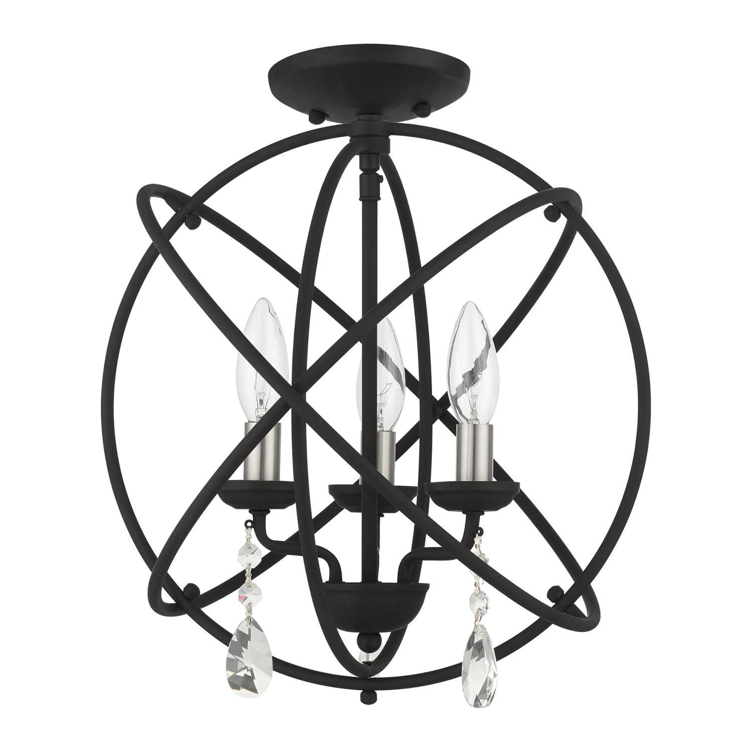 Livex Lighting Aria Convertible Pendant Chandelier/Semi-Flush Mount Light Fixture - Black with Satin Nickel Candles for Dining Room, Bedroom or Entryway Lighting