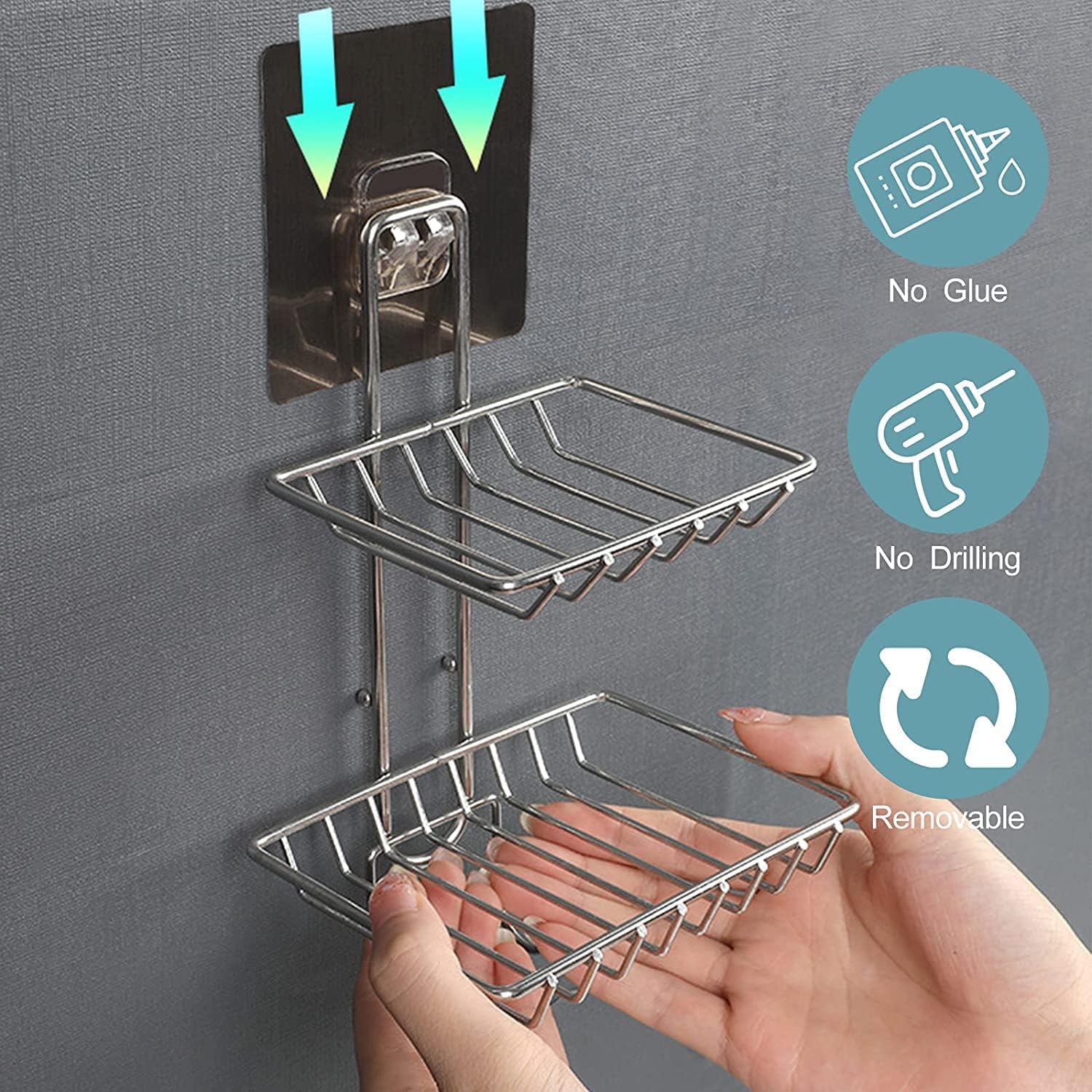 Stainless Steel Wall Mounted Double Layer Soap Dish Holder - Rustproof Bathroom & Kitchen Soap Storage Rack with Self-Adhesive Sticker (Silver) - Perfect for Shower, Sink Countertop, and Vanity Organization