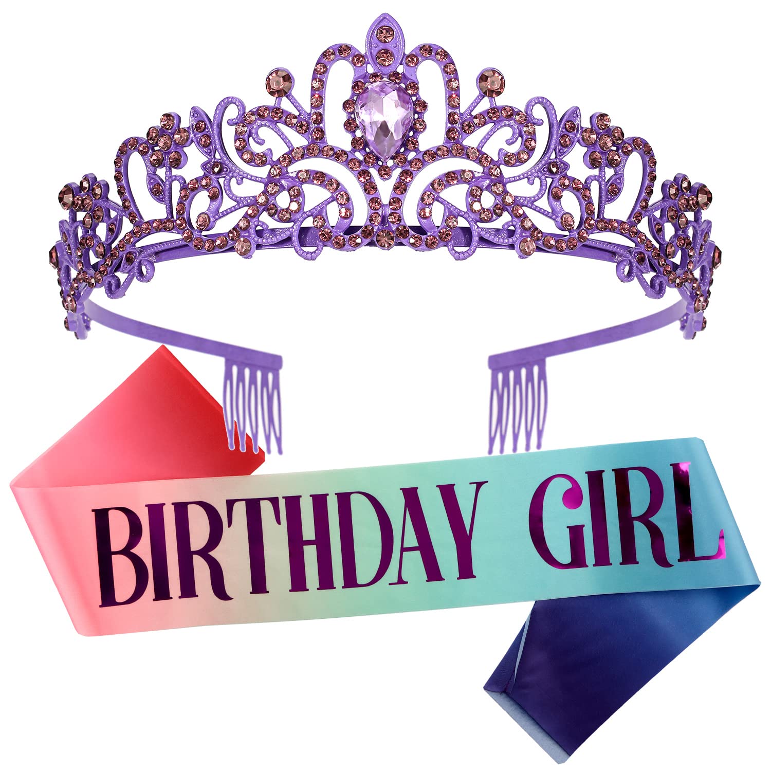 **Elegant Purple Crystal Tiara & Colorful Birthday Sash Set for Women & Girls – Princess Crown Gift for Birthday Parties, Bachelorette, Bridal Showers & Special Celebrations**