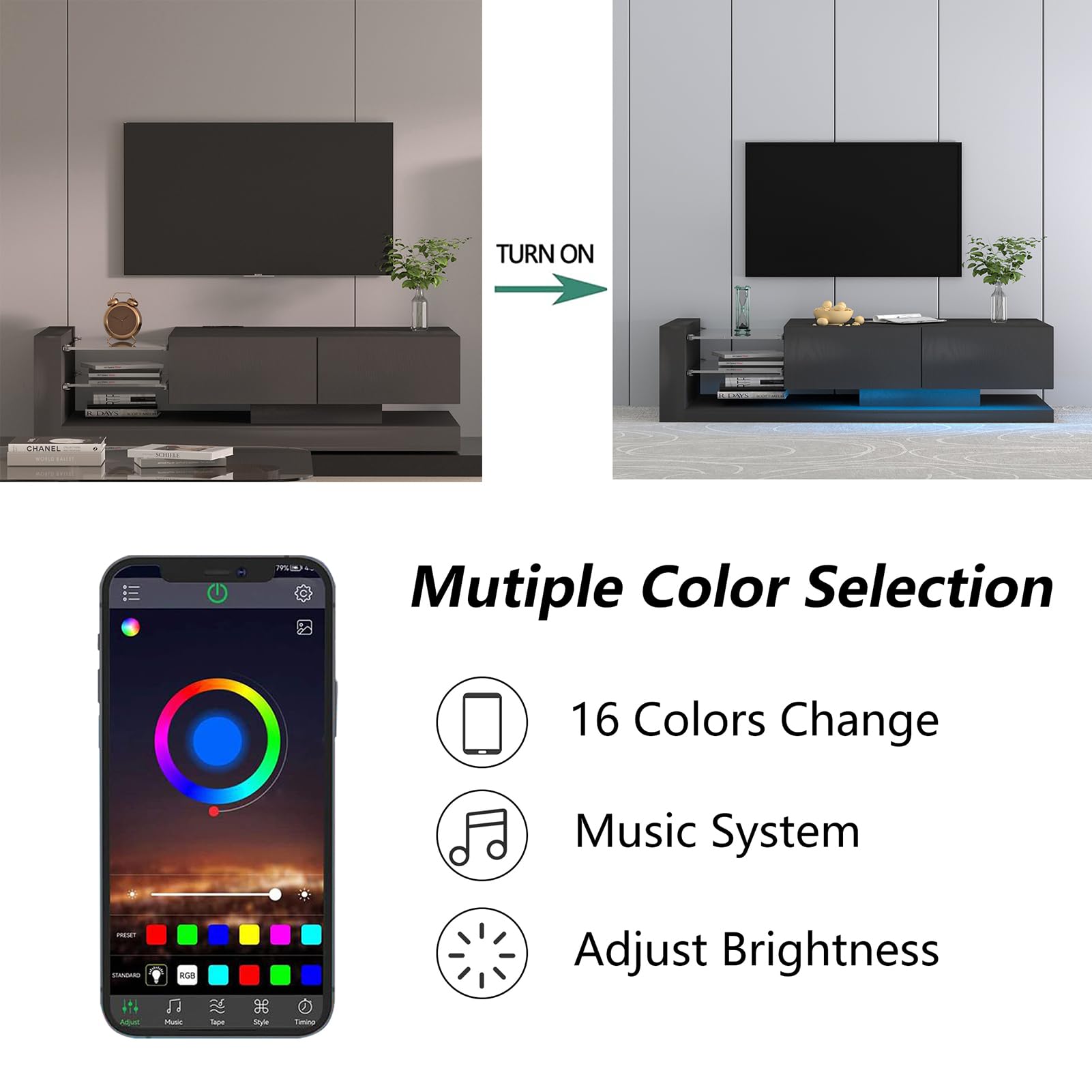 Modern LED TV Stand for Up to 80 Inch TVs - High Gloss Wood Entertainment Center with Storage Shelves & Power Outlet - TV Media Console Cabinet for Living Room, Bedroom - Perfect for Home Theater Setup & Stylish Home Decor (Black)