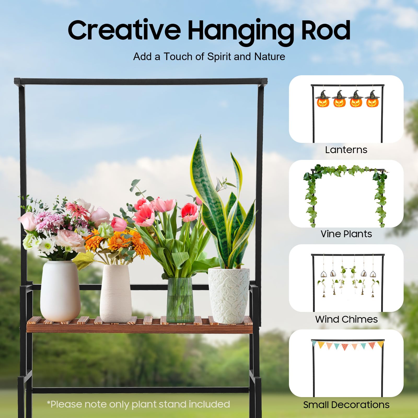 OUKANING 3-Tier Black Metal Hanging Plant Stand - Flower Pot Display Shelf for Indoor & Outdoor Use - 31.4 x 13.4 x 68.1 Inch Storage Rack - Perfect for Living Room, Garden, Patio, Balcony, Lawn Decor