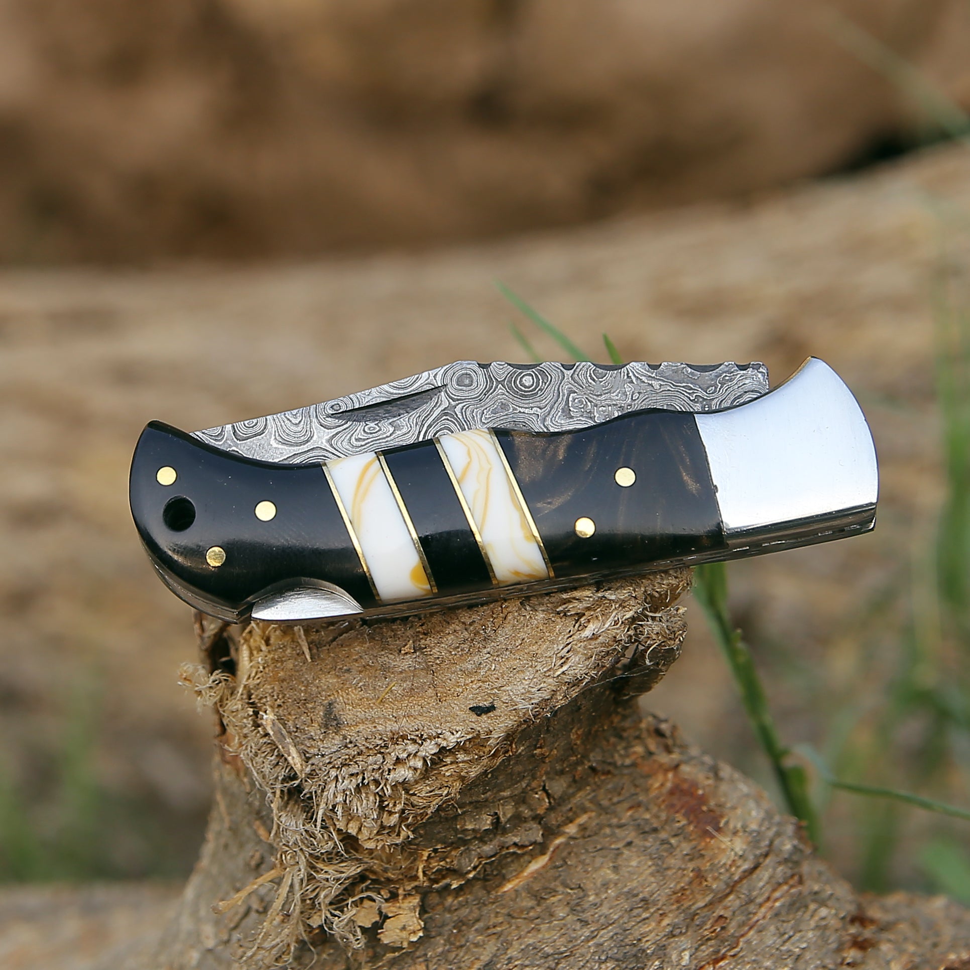 Premium Handmade Damascus Steel Folding Knife with Leather Sheath - Outdoor Camping, Hunting & Survival Gear