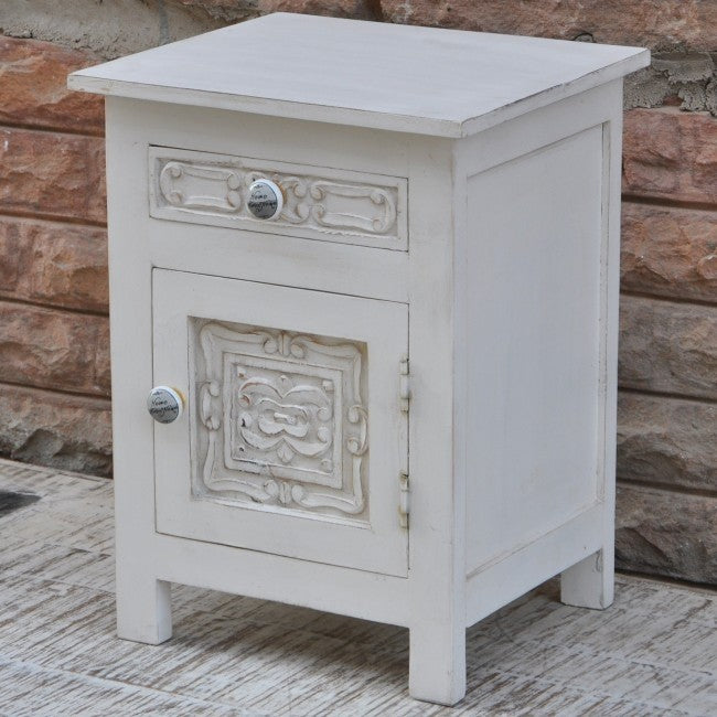 Hand Carved Solid Wood Bedside Table - Natural White Finish Nightstand with Drawer for Bedroom, Living Room & Office Furniture