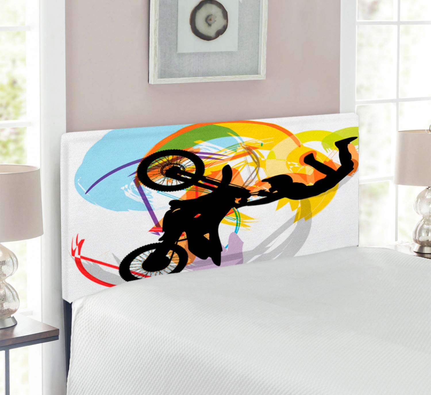 Ambesonne Extreme Sports Headboard - Motocross Themed Rider with Color Splatter Design, Upholstered Metal Bed Frame with Memory Foam, Twin Size, Multicolor - Perfect for Teen Bedrooms & Sports-Themed Decor