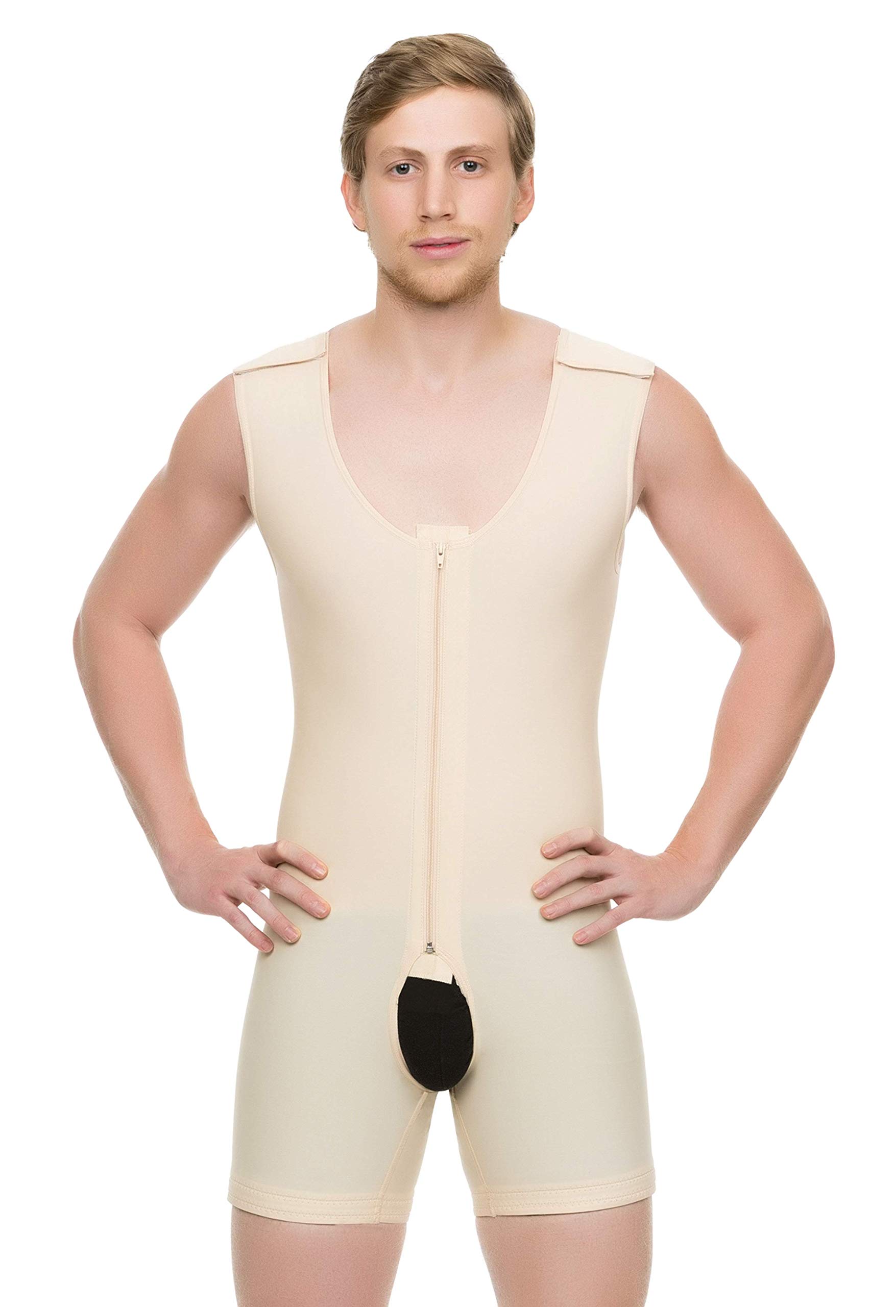 Isavela Men's Post-Surgery Compression Garment - Full Body Mid Thigh Length Abdominal Support with Zipper (Sleeveless) - Ideal for Liposuction, Tummy Tuck & Body Contouring Recovery (MG02)