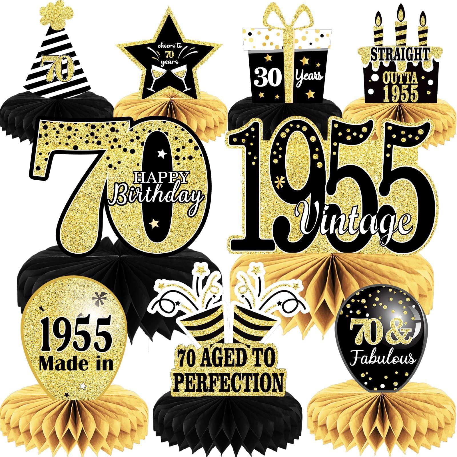 9PCS Vintage 70th Birthday Party Decorations Set - 1955 Honeycomb Table Toppers & Centerpieces for Men & Women - 70 Years Old Celebration Supplies for Tables, Walls & Home Decor - Perfect for 1955 Themed Parties, Milestone Birthdays & Anniversary Events
