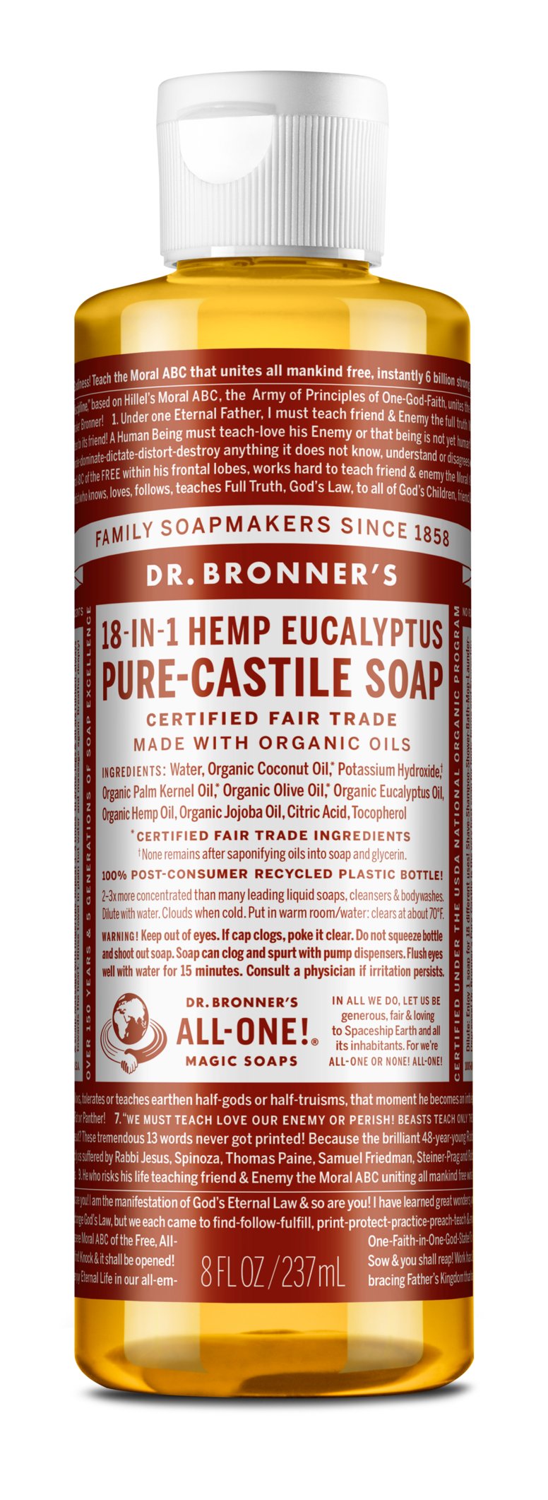 Dr. Bronner's Pure-Castile Liquid Soap - Eucalyptus Scent | Organic, Vegan, Multipurpose Soap for Body, Face, Hair & Household Cleaning | 18-in-1 Uses: Shower Gel, Baby Wash, Pet Shampoo, Dish Soap & More