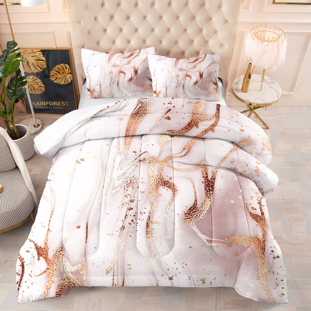 TiuZelf Marble Pattern Comforter Set - Twin Size Rose Gold Glitter Splash Down Decorative Bedding | 3-Piece Set with 1 Comforter & 2 Pillowcases | Lightweight, Warm & Soft for All Seasons | Perfect for Teens, Dorms, Guest Rooms & Cozy Bedroom Decor
