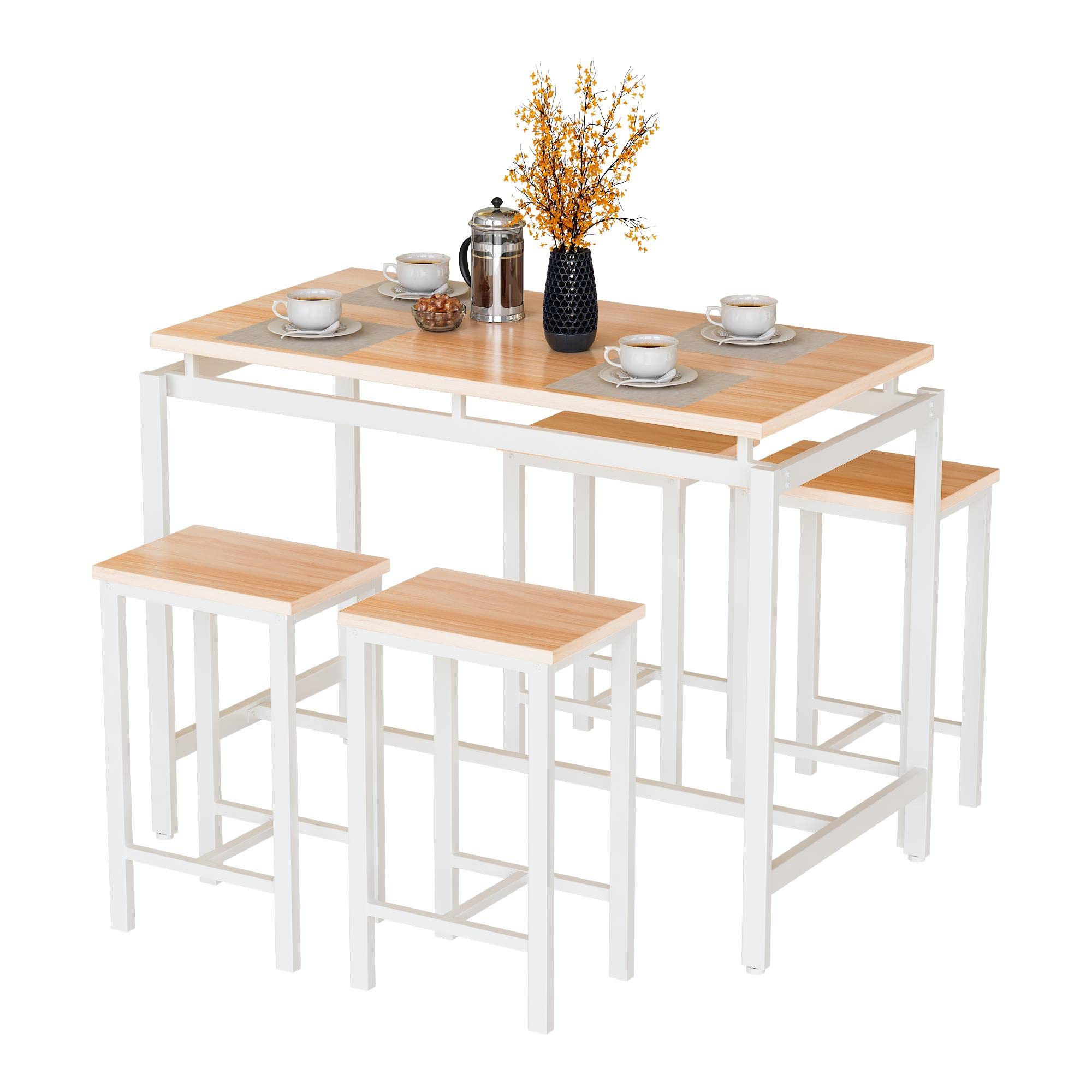 MIERES 5-Piece Wooden Pub Table Set for 4 - Elegant Beige & White Kitchen Dining Table (34.7