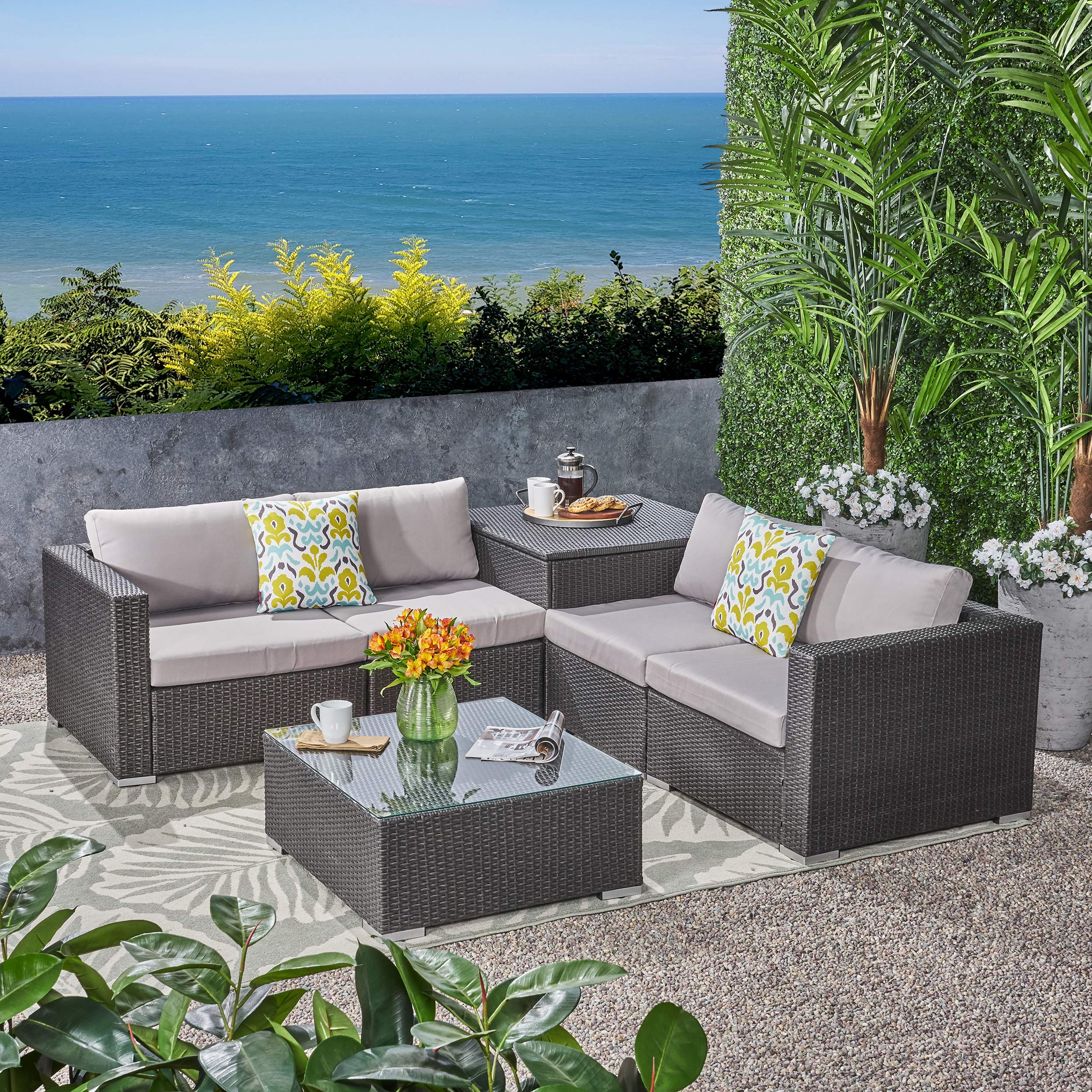 4-Piece Outdoor Patio Sectional Sofa Set with Coffee Table & Storage Ottoman - Wicker & Aluminum Frame, Gray & Light Gray - Perfect for Backyard, Poolside & Garden Relaxation