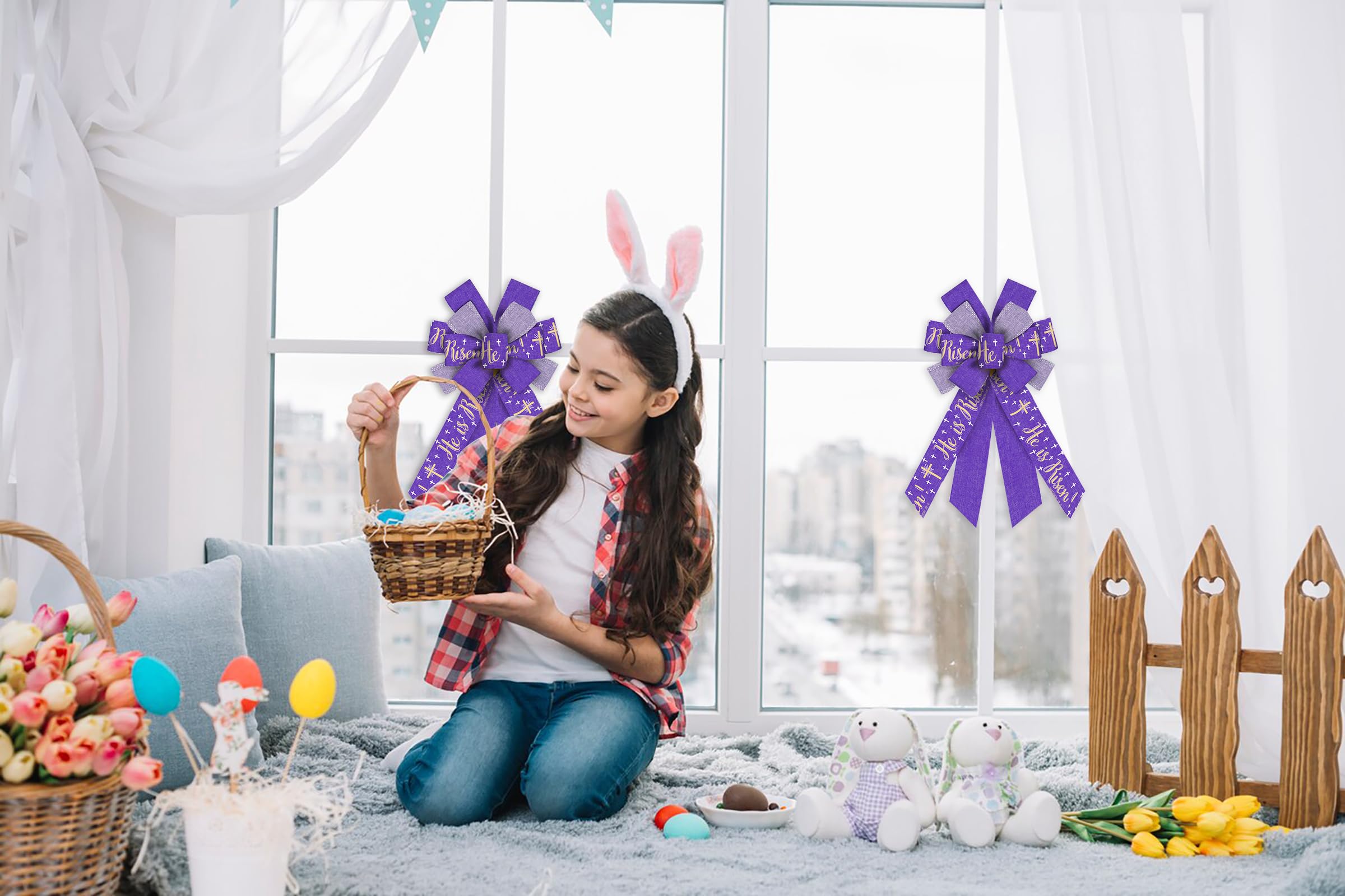 ALIBBON Large Easter Wreath Bows - Purple Religious Cross Burlap Decor for Spring & Christmas - Indoor/Outdoor Door Decor