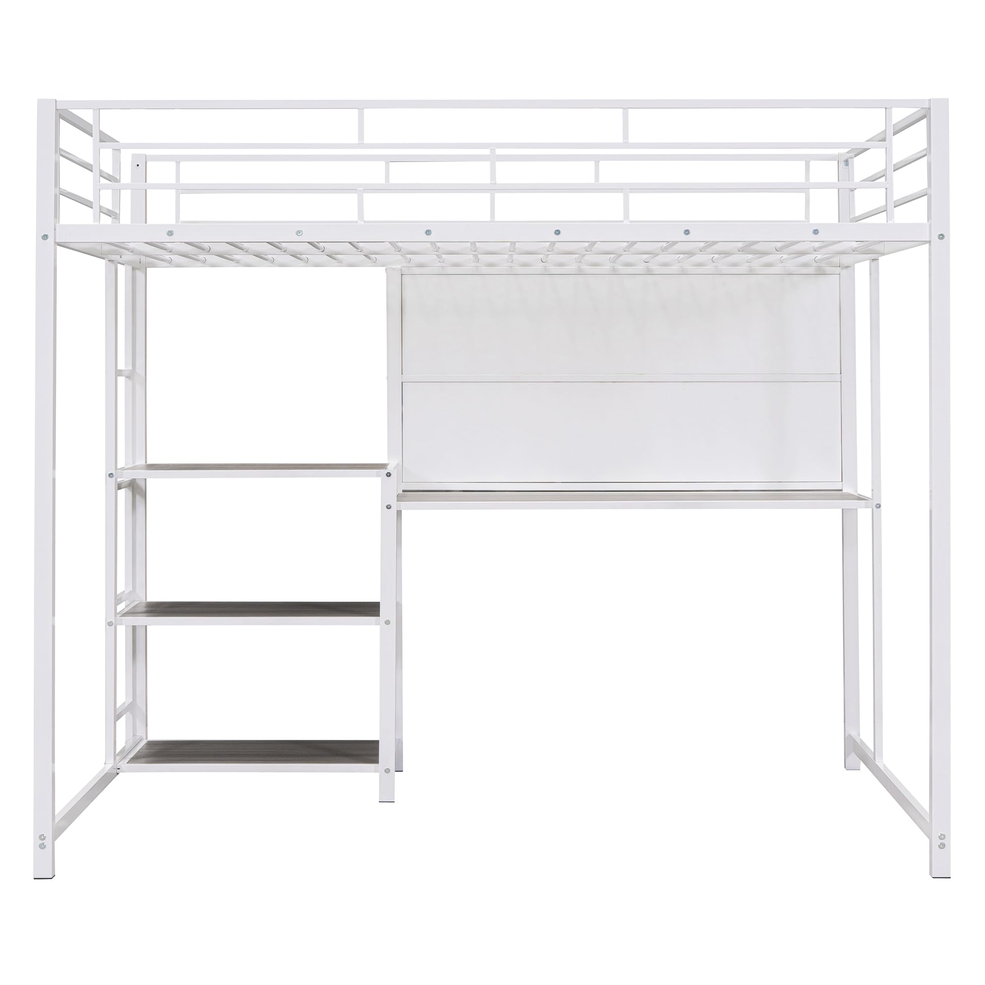 Full Size Loft Bed with Study Desk & Storage - Sturdy Metal Frame, Built-in Whiteboard & Ladder - Space-Saving Solution for Small Rooms, Dorms & Apartments (White)