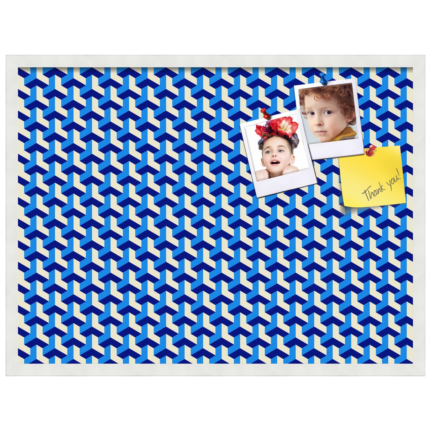 PinPix 32x24 Inch Cork Bulletin Board - Decorative Framed Pin Board with BAUS Blue Beige Design & Satin White Frame - Perfect for Home Office Decor, School Classroom, Dorm Room Organization & Gift Ideas (PinPix-1532)