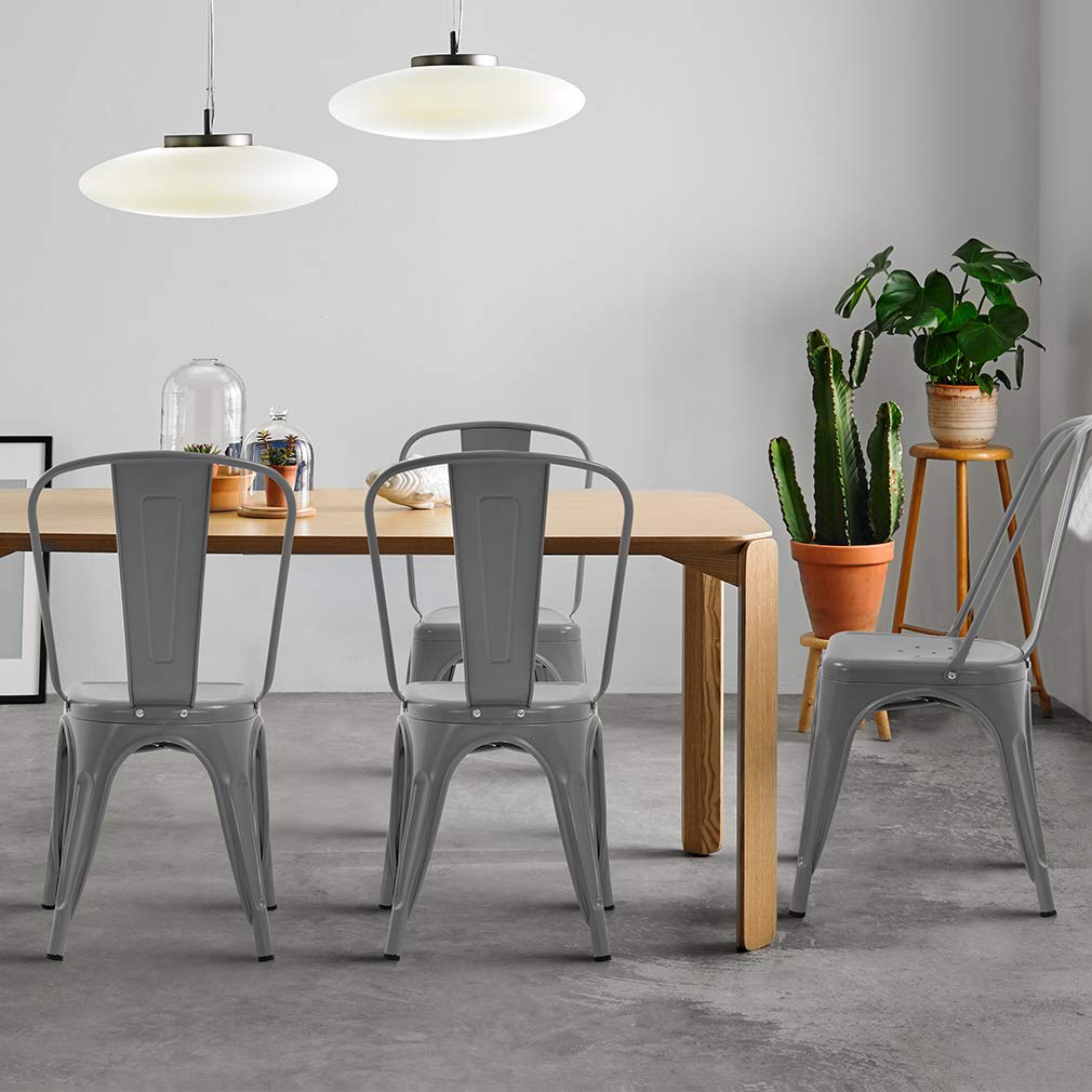 FDW Metal Dining Chairs - Stackable Indoor/Outdoor Chairs for Patio, Restaurant & Kitchen - Tolix Style Bar Height Chairs with Comfortable Seat - Perfect for Dining Rooms, Cafes & Outdoor Entertaining (Gray)