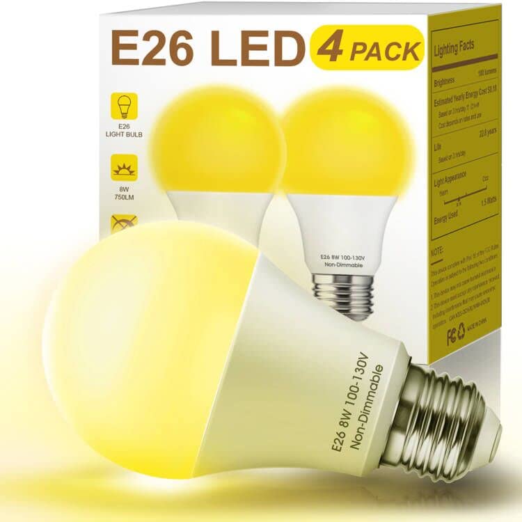 Yellow LED Bug Light Bulbs for Outdoor Use - 60W Equivalent 8W A19 E26 Base - Non-Dimmable Porch Lighting - Halloween Decorative Bulbs (4 Pack) - Perfect for Patio, Garden & Insect-Free Outdoor Spaces