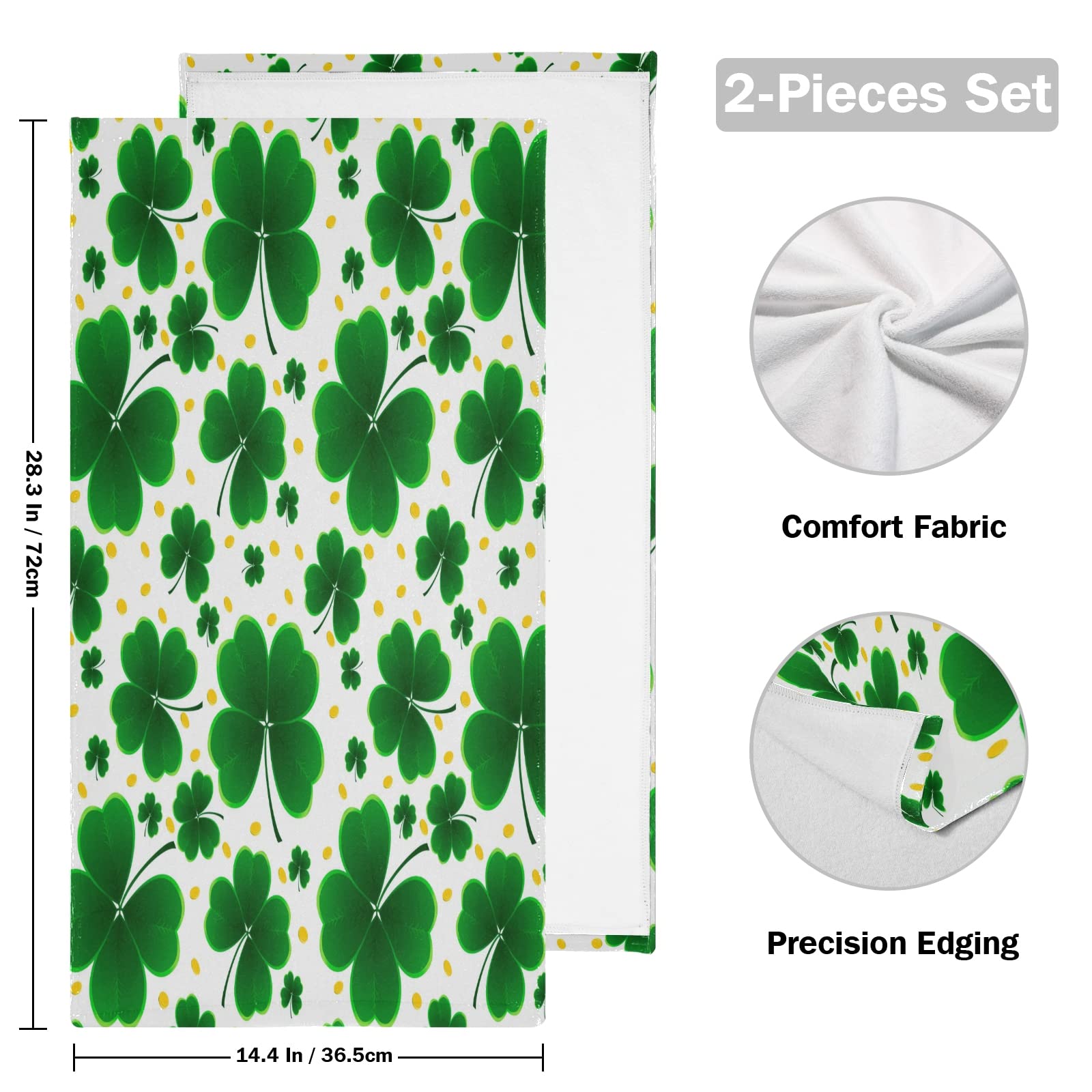 St. Patrick's Day Clover Shamrock Face Towel Set of 2 | 30x15 Inch Hand & Dish Towels for Kitchen, Bath, Beach Decor | Perfect for Irish-Themed Parties & Home Styling