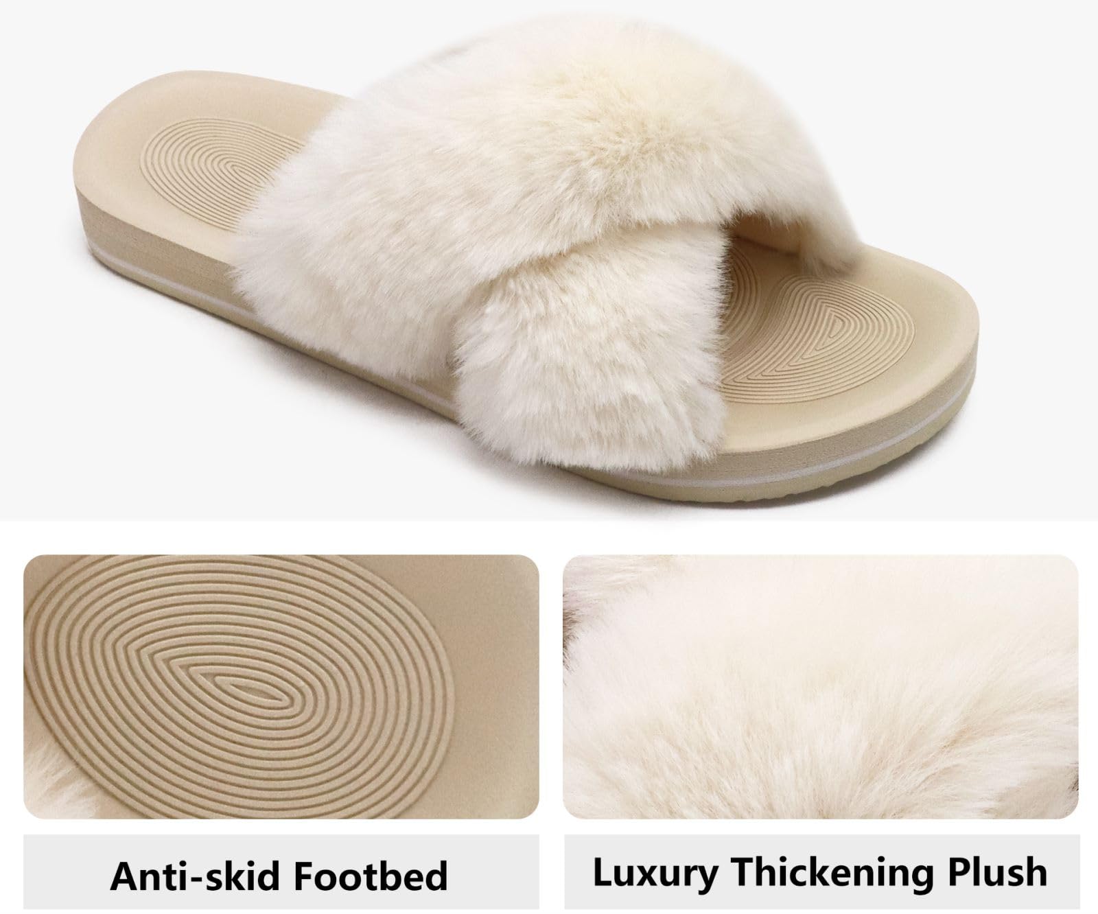 COFACE Women's Fuzzy Slides - Fluffy Faux Fur Cross Slippers with Arch Support, Open Toe House Sandals for Indoor/Outdoor Use - Perfect for Yoga, Lounging & Home Comfort