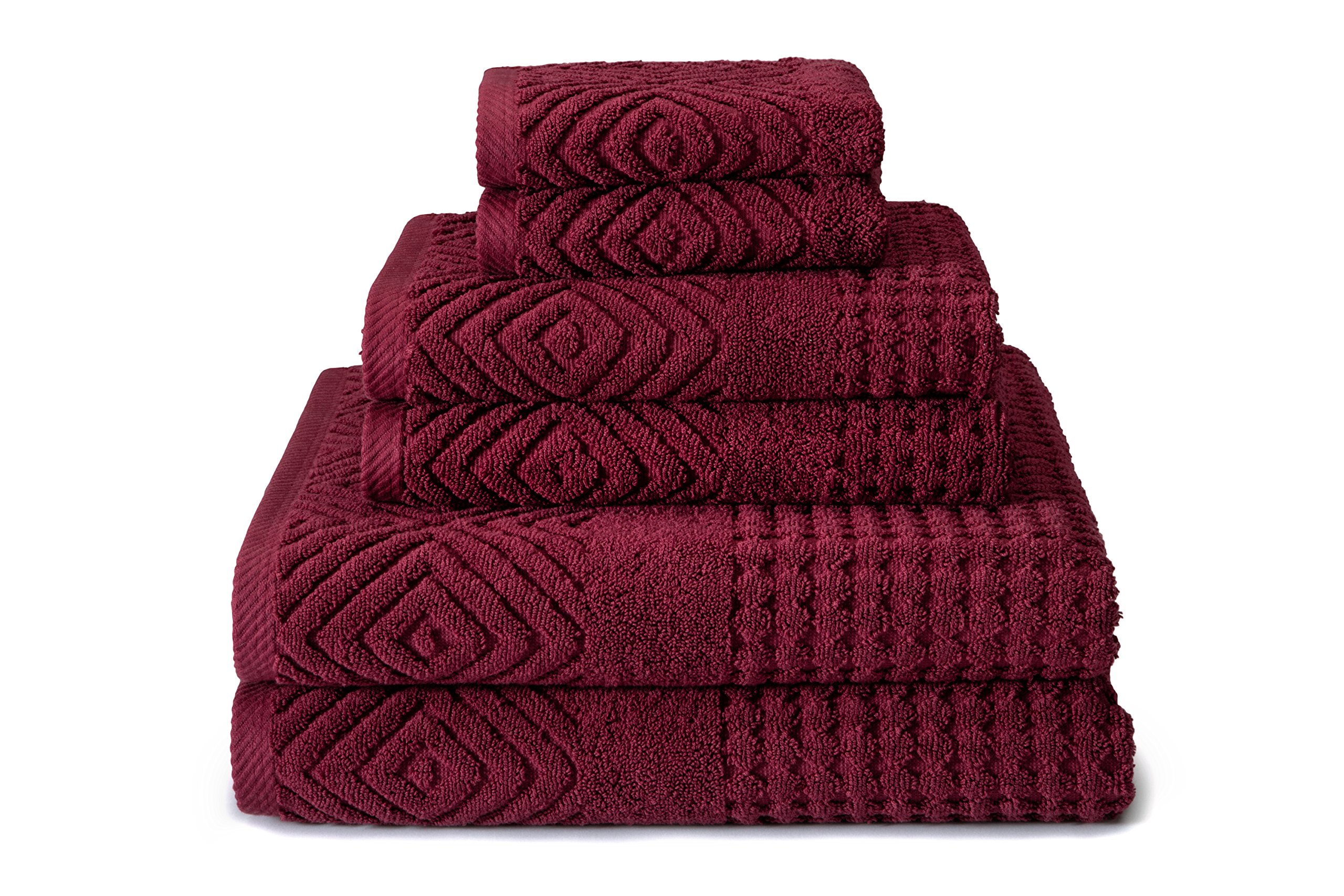 Texere 100% Organic Cotton 700 GSM Luxury Bath Towel Set - Ultra Soft Hotel & Spa Quality Towels, 2 Large Bath Towels, 2 Hand Towels, 2 Washcloths (6-Piece Set, Diamond/Merlot) - Perfect for Bathrooms, Spas, Hotels & Luxury Home Decor