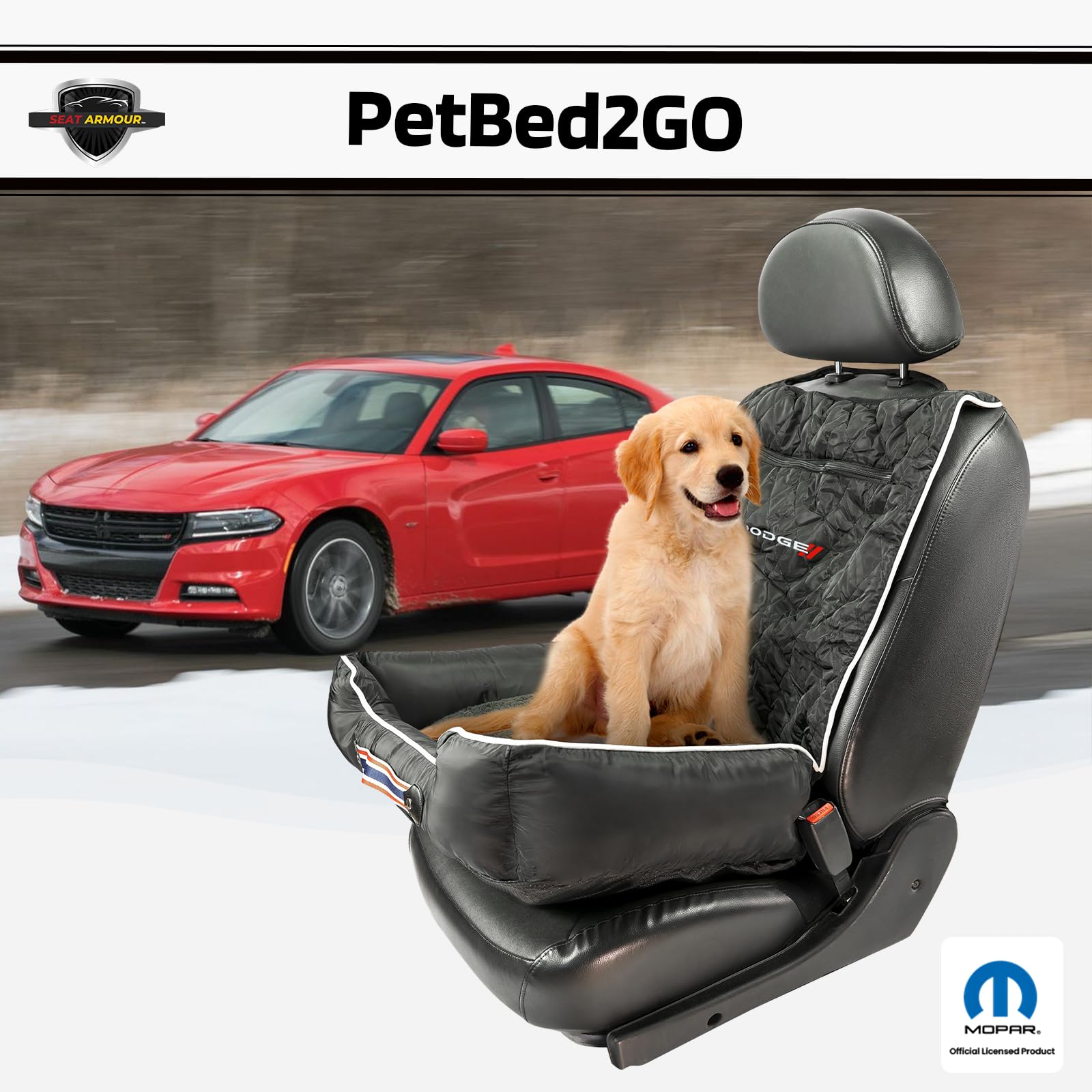 Dodge PetBed2GO Dog Car Seat Cover - 2-in-1 Pet Bed & Car Seat Protector for Dodge Vehicles - Waterproof & Nonslip Full Protection Pet Car Seat (26x20x6 inches, 3.5 lbs, Black) - Perfect for Road Trips & Daily Commutes with Pets