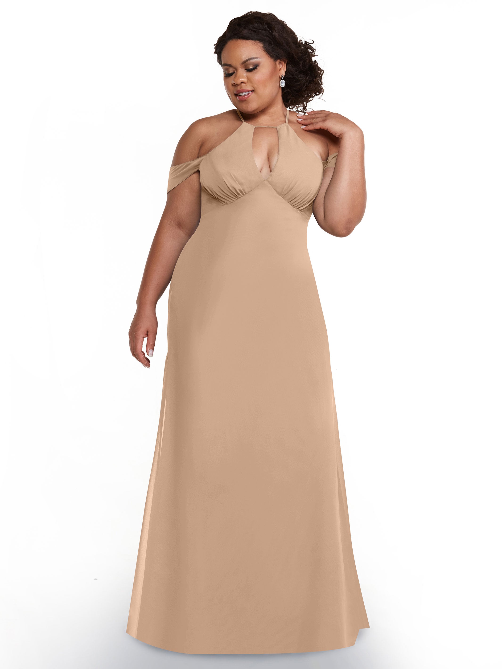 Elegant Off The Shoulder Chiffon Bridesmaid Dress with Halter Neckline - Perfect for Weddings, Formal Events & Special Occasions