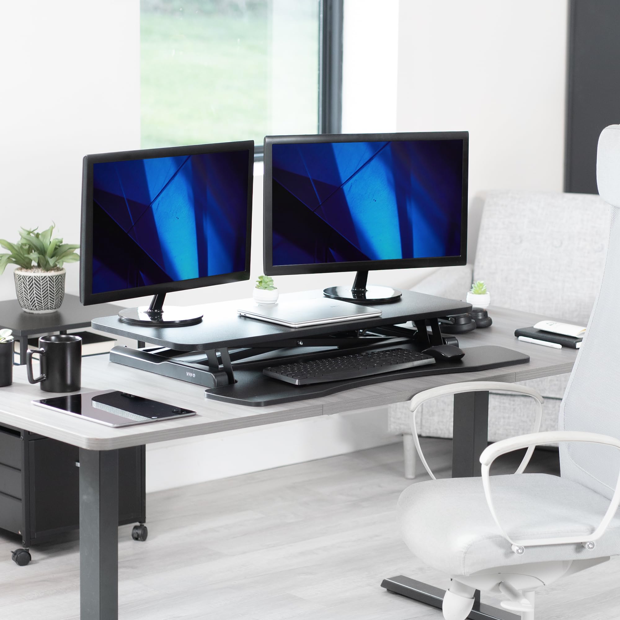VIVO K Series 36 Inch Height Adjustable Standing Desk Converter - Dual Monitor & Laptop Workstation with Wide Keyboard Tray, Black (DESK-V036KB) - Perfect for Home Office, Gaming Setup & Ergonomic Workspace