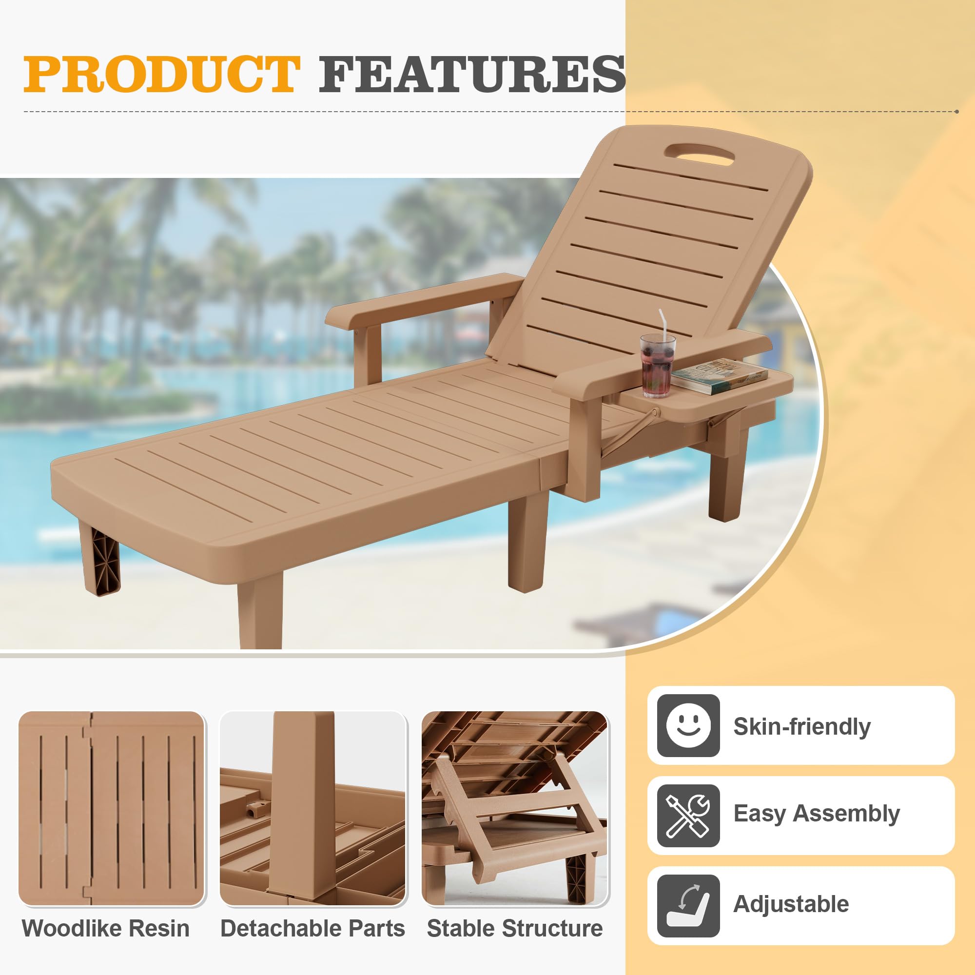 UDPATIO Oversized Pool Lounge Chairs Set of 2 - Waterproof Resin Chaise Lounges with Adjustable Backrest, Armrests & Cup Holder - Perfect for Poolside, Patio, Beach, Backyard & Outdoor Relaxation