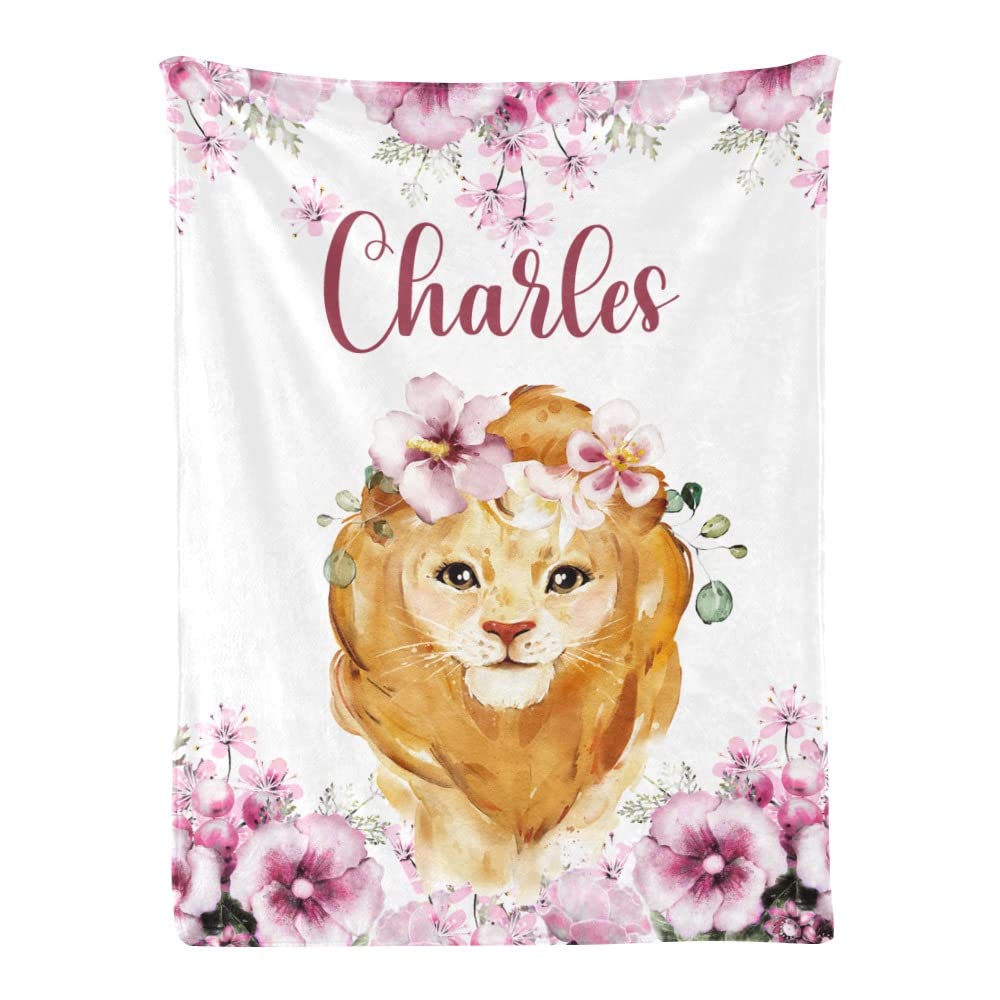 Personalized Baby Blanket with Name - Custom Lion Pattern Blanket for Boys & Girls - Soft & Cozy Nursery Blanket for Gifts, Bedtime, and Photo Shoots